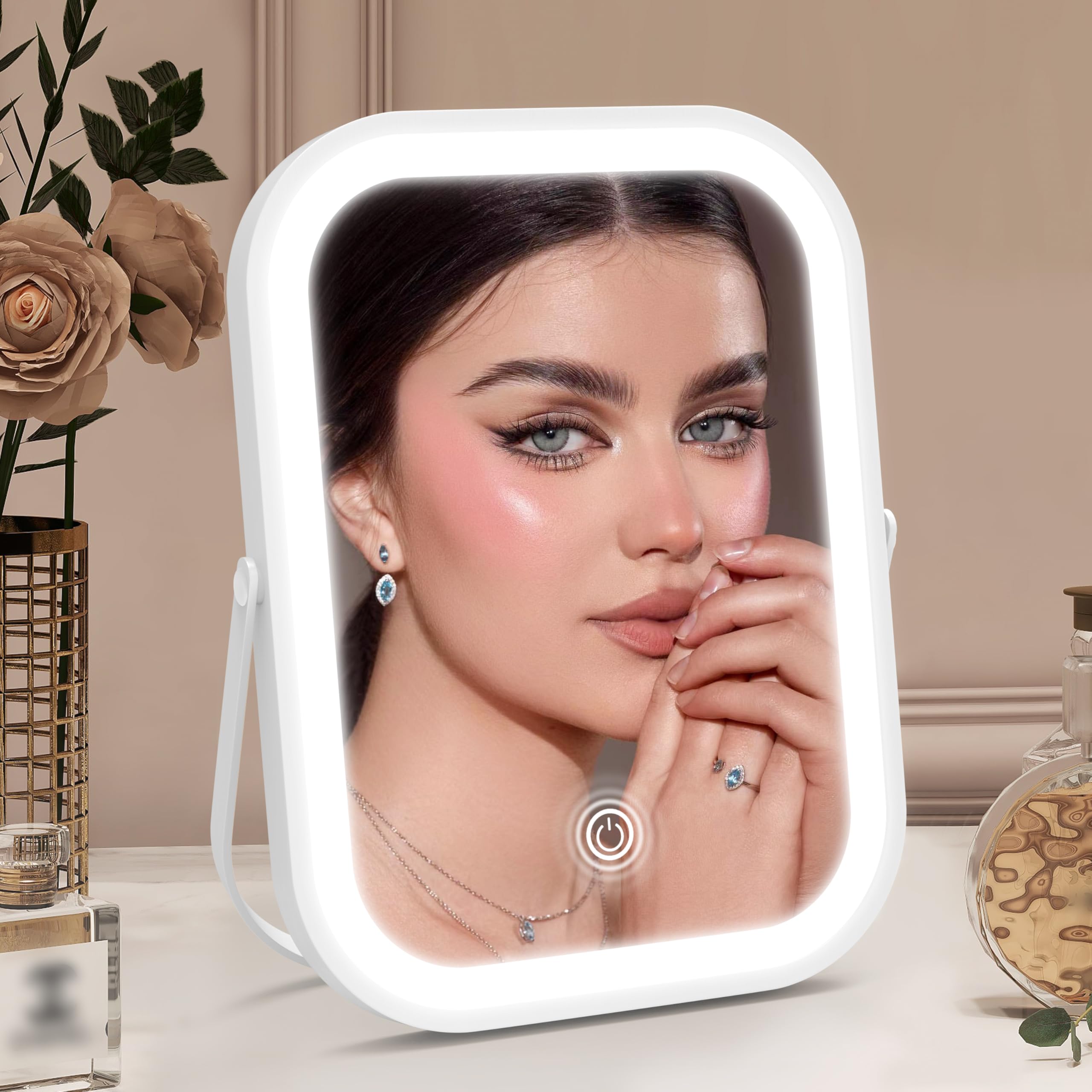 ROLOVE Rechargeable Makeup Mirror 6x8 Inch Portable Vanity Mirror with Lights 3-Color Dimmable LED Lighting Tabletop Mirror Travel