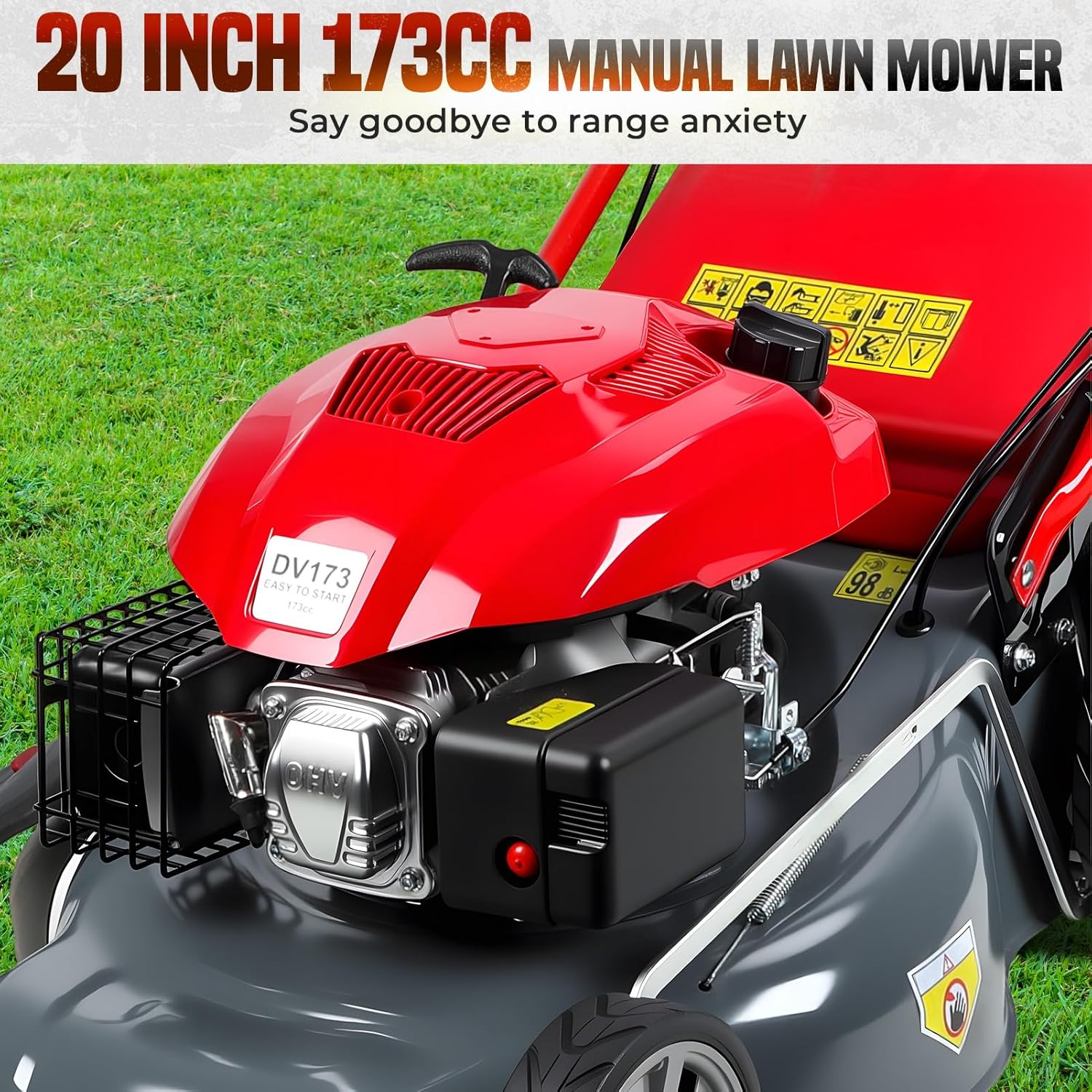 173cc Gas Lawn Mower, Self-Propelled Rear-Wheel Drive, 20 Inch Cutting Width, 60L Grass Bag, Adjustable Cutting Height 25-75mm, Heavy-Duty Blade for Thick Grass & Slopes, Ergonomic Handle Red