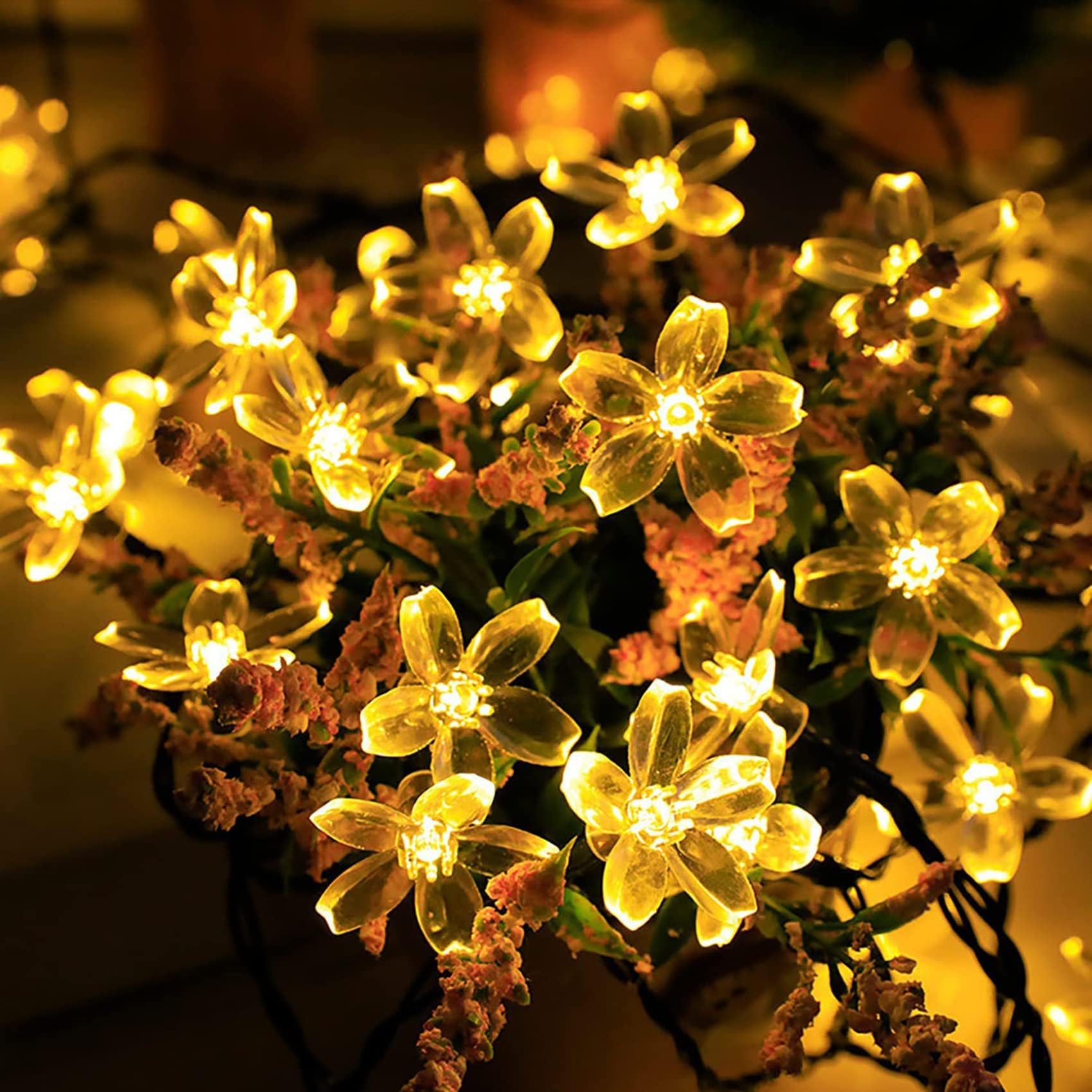 Luces de cadena solares al aire libre, con luces de hadas de flor de cerezo impermeables remotas 72 pies 200 Guirnalda de luces solares LED con 8 modos de iluminación (Blanco cálido)