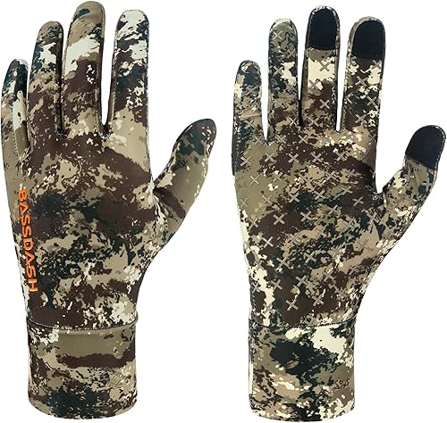 BASSDASH Guantes de caza de camuflaje para hombre, UPF 50+, guantes ligeros para pantalla táctil, para clima cálido, pesca, senderismo, actividades