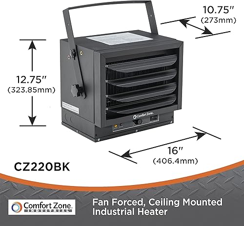 Miniatura 6 de Comfort Zone Calentador eléctrico de techo con cable rígido para garaje, forzado por ventilador, 5,000 vatios, 240 voltios, protección contra