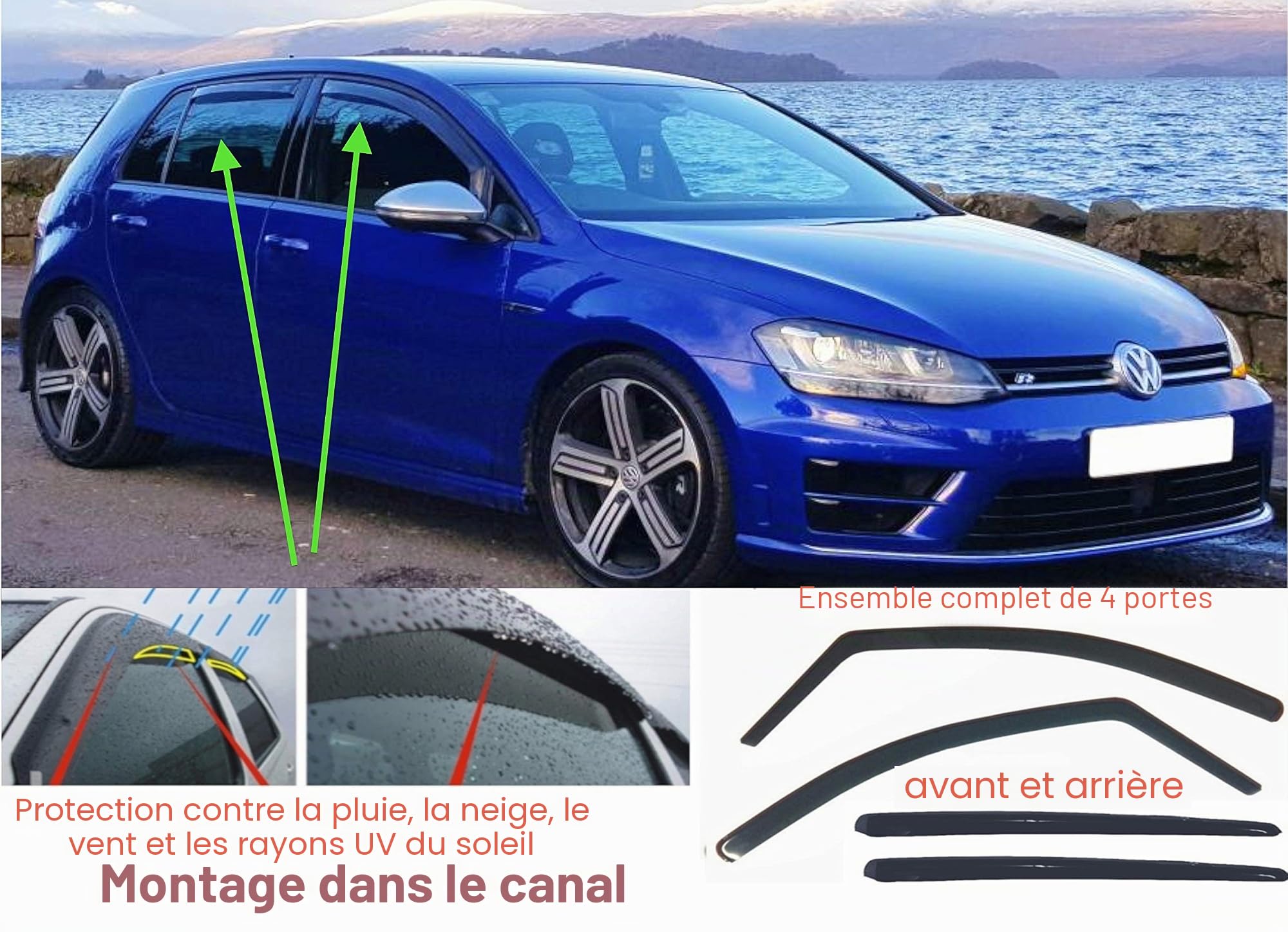 Lot de 4 déflecteurs d'air compatibles avec VW Golf 7 Mk7 VII 5 portes hatchback 2012 2013 2014 2015 2016 2017 2018 2019 2020