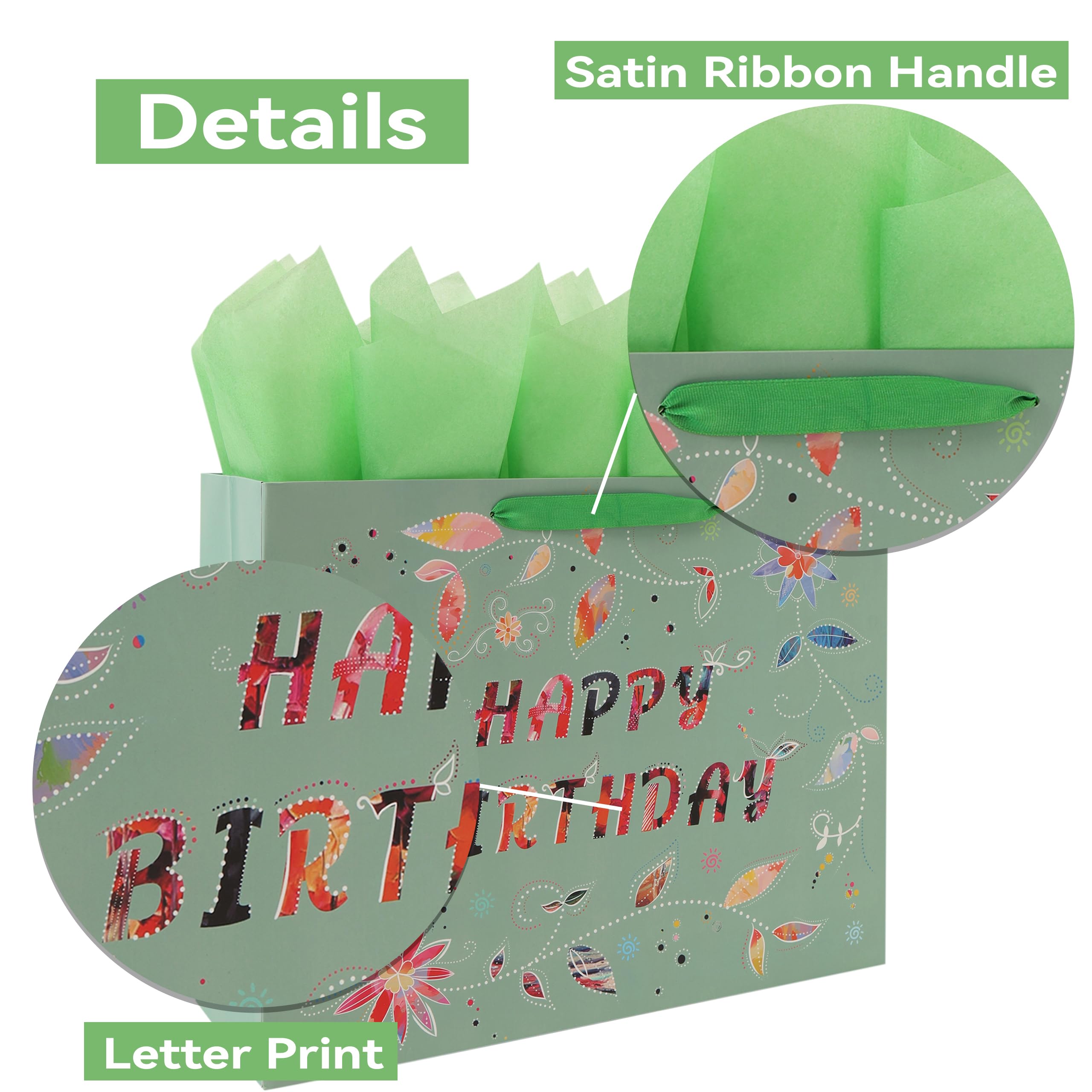Qirrmiy 16.5” Extra Large Happy Birthday Gift Bag Set with Handles, Greeting Card, Tissue Papers and Stickers for Women Girls, Green Floral Design, 1 Pcs