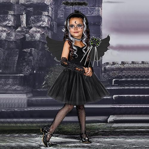 Miniatura 6 de SelfTek 5 piezas de disfraz de ángel caído para niñas, alas de ángel oscuras negras y halo, falda tutú para niños de 3 a 12 años, vestido de cosplay