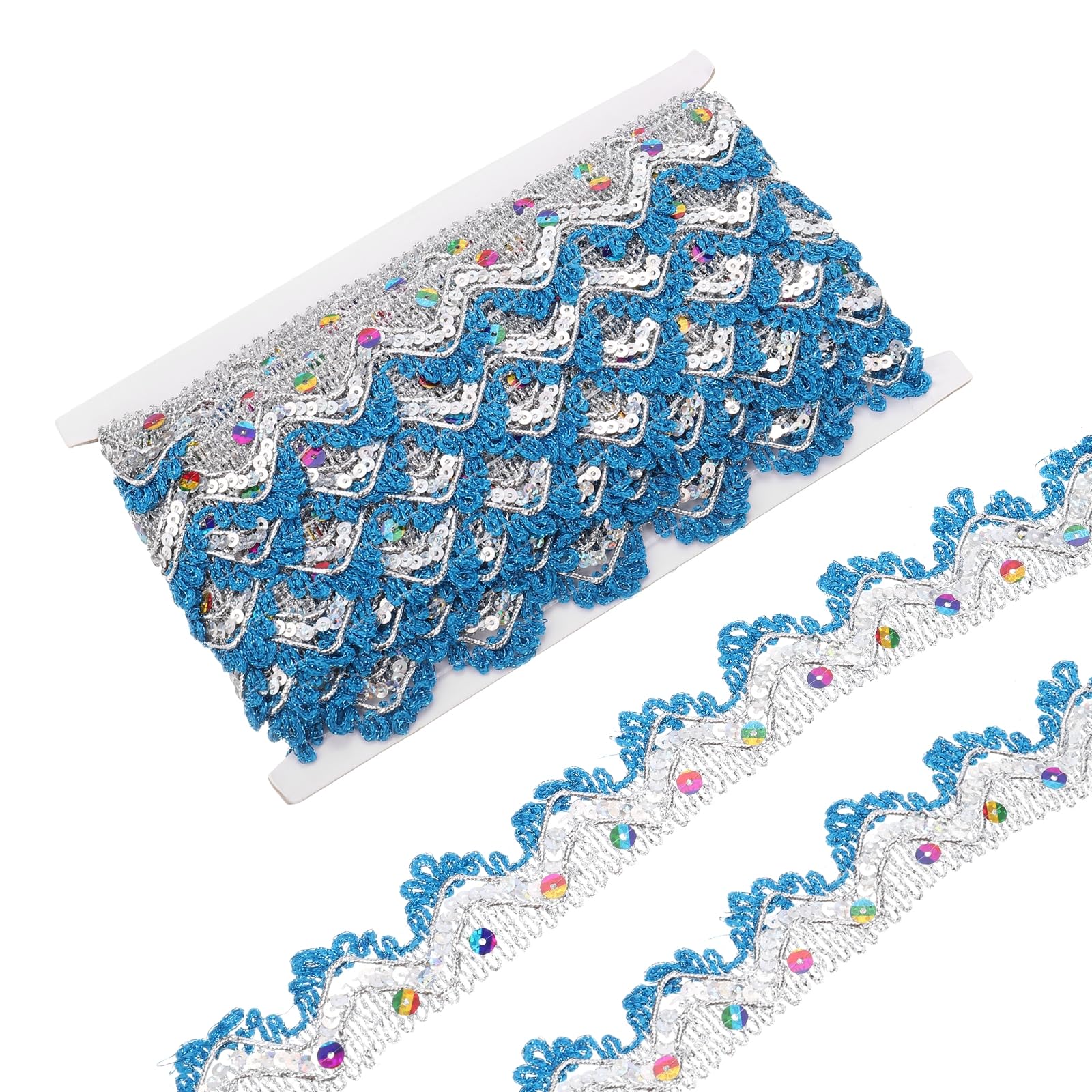sourcing map 10 Yard Sequins Beaded Lace Trim 1.5 Inch Scalloped Braid Trim Strip for Crafts, Embellishments, Costume, Sky Blue,Silver