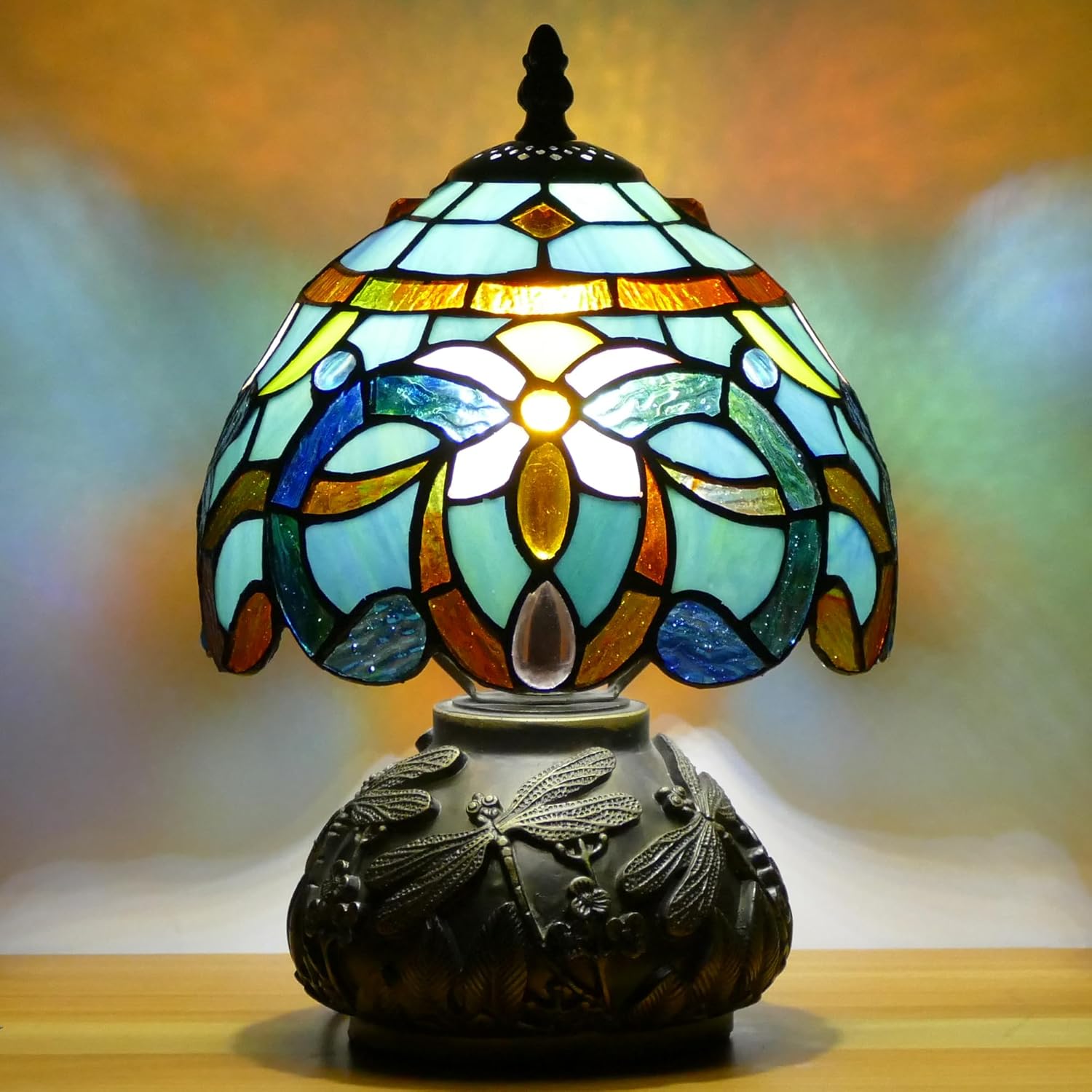 Small Tiffany Lamp Mini Stained Glass Table Lamp Mushroom Memory Sympathy Lamp 8X11 Inch (Sea Blue Baroque)