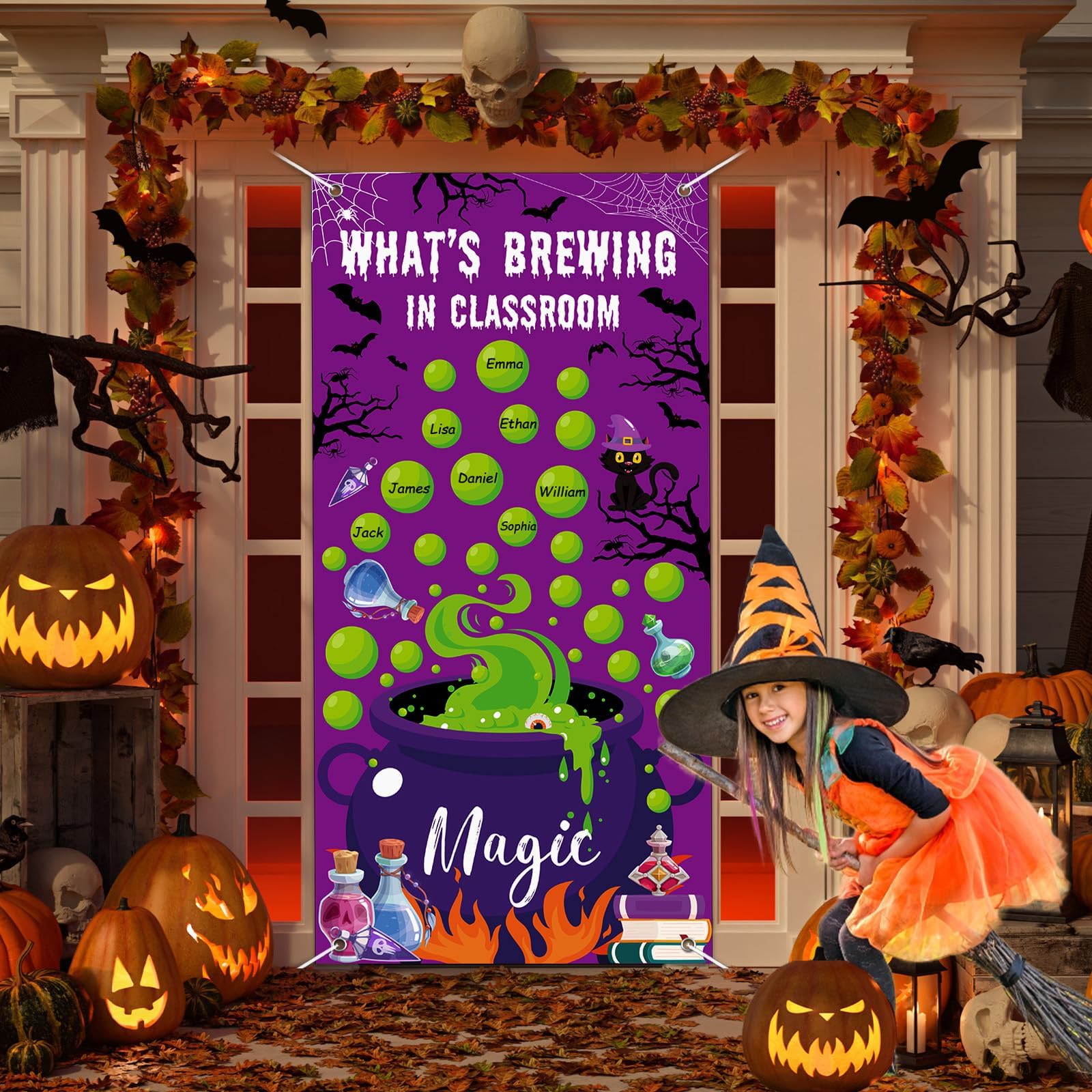 Wiooffen Halloween Classroom Door Cover Decoration Set Halloween Cauldron What's Brewing Classroom Door Banner Magic Bubble Porch Backdrop for Kindergarten Preschool Elementary Middle School