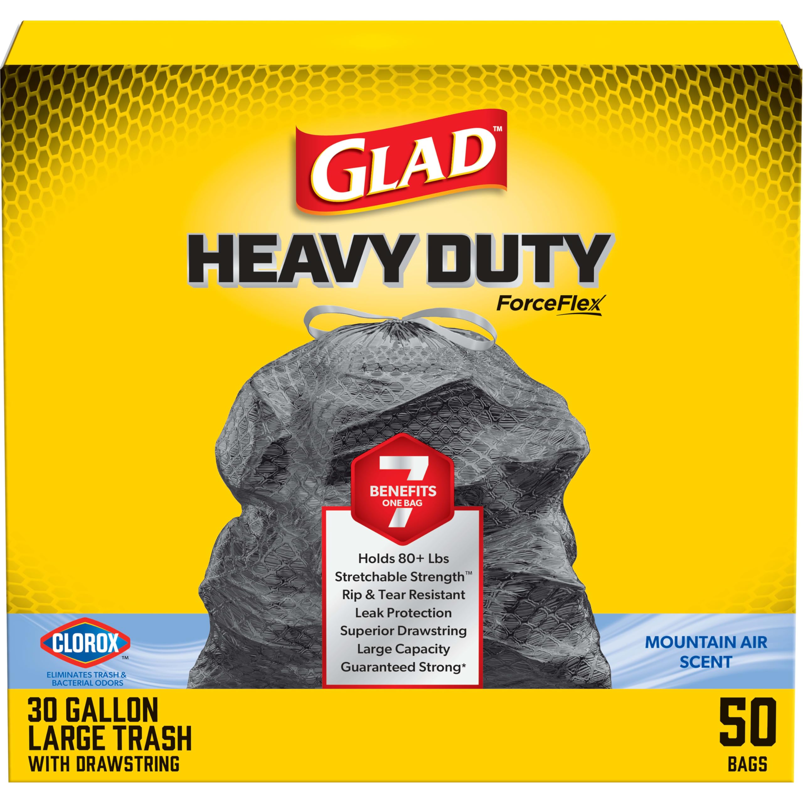 Glad Large Drawstring Trash Bags ForceFlex with Clorox, 30 Gallon Black Trash Bags, Mountain Air 50 Count (Package May Vary)