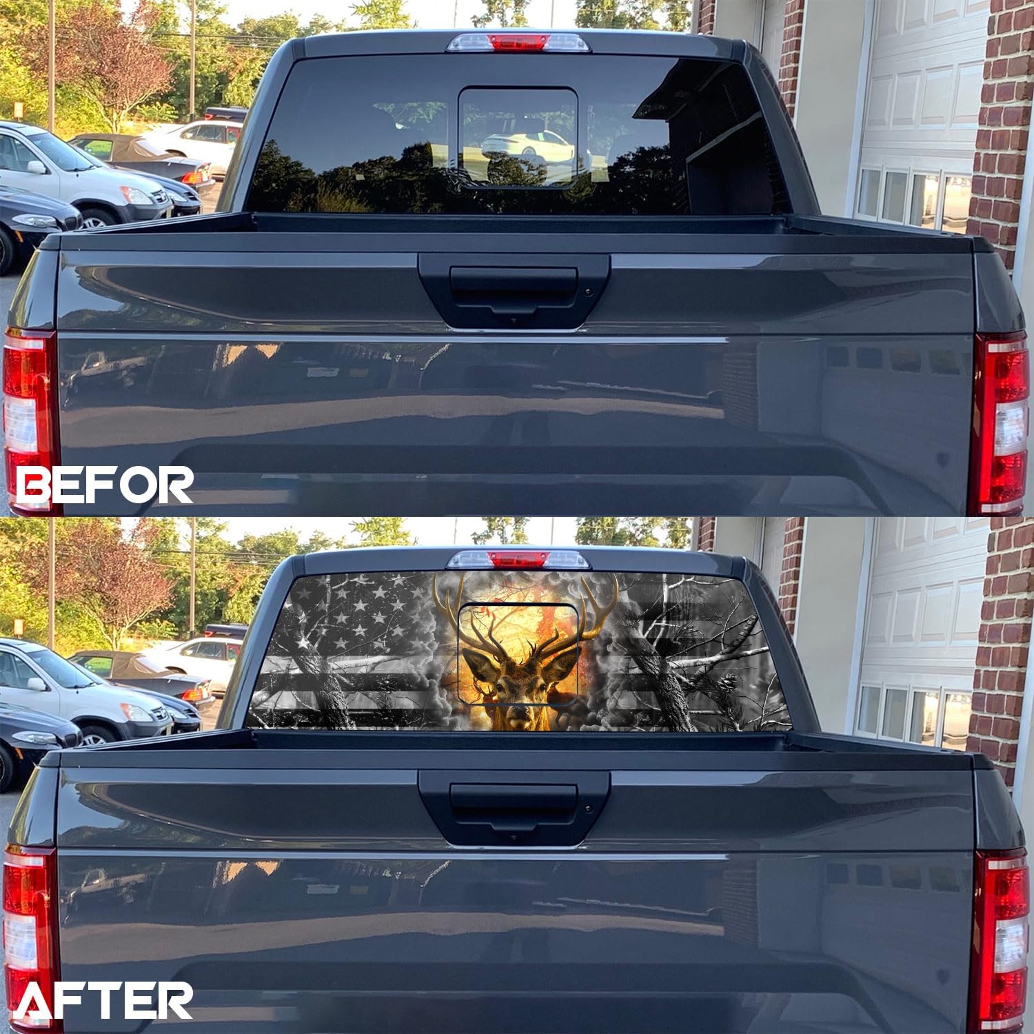 Deer Flag Truck Rear Window Decal – Perforated Vinyl See-Through Sticker, Universal Fit for Pickup Trucks, Patriotic Gift for Dad, Boyfriend & Truck Owners, Easy DIY Install, 65x17IN