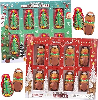 Mini Chocolatey Christmas Trees and Reindeers, Individually Wrapped Candy Gift Boxes, Perfect Stocking Stuffer Treats, 8 Pieces Inside Each (Set of 2)