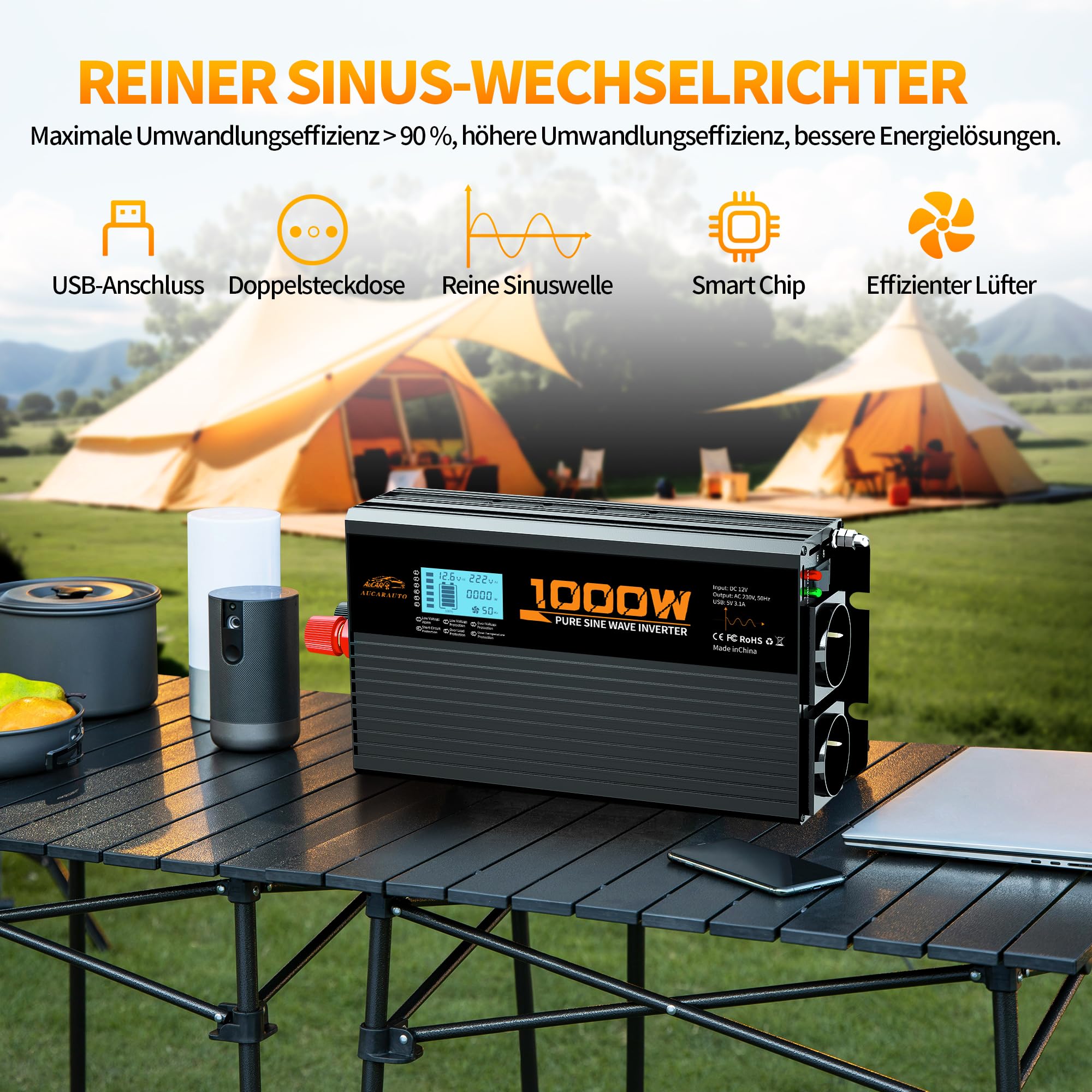 Convertitore di tensione da 1000 W/2000 W, sinusoidale pura, 12 V a 230 V, convertitore di corrente con display digitale a LED e 2 prese per auto, ricarica la macchina da caffè, frigorifero