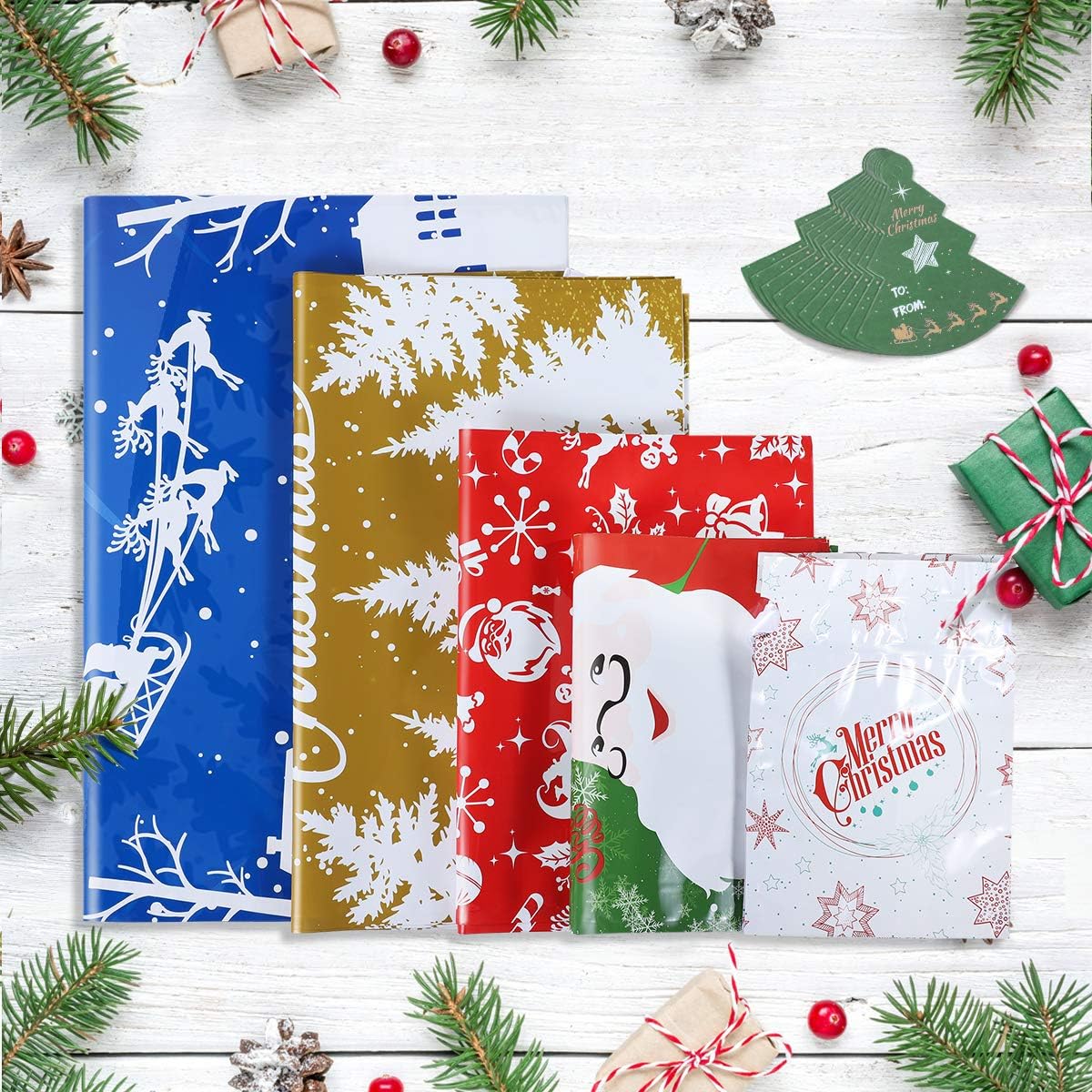 36PCS Christmas Bags in 5 Sizes, 5 Designs Christmas Drawstring Present Wrapping Bags with 36PCS Gift-Tags (Extra Large, Large, Medium, Normal, Small)