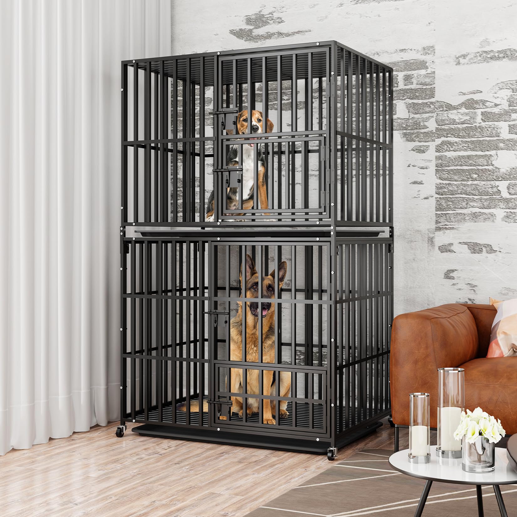 BingoPaw Cage Chien Interieur Solide: Caisse de Transport Double sur Roulette Grande Taille - Cages Deux Niveaux Robuste Extérieur pour Grand Chiens en Métal avec 2 Plateau Amovible 95x57x144.5cm