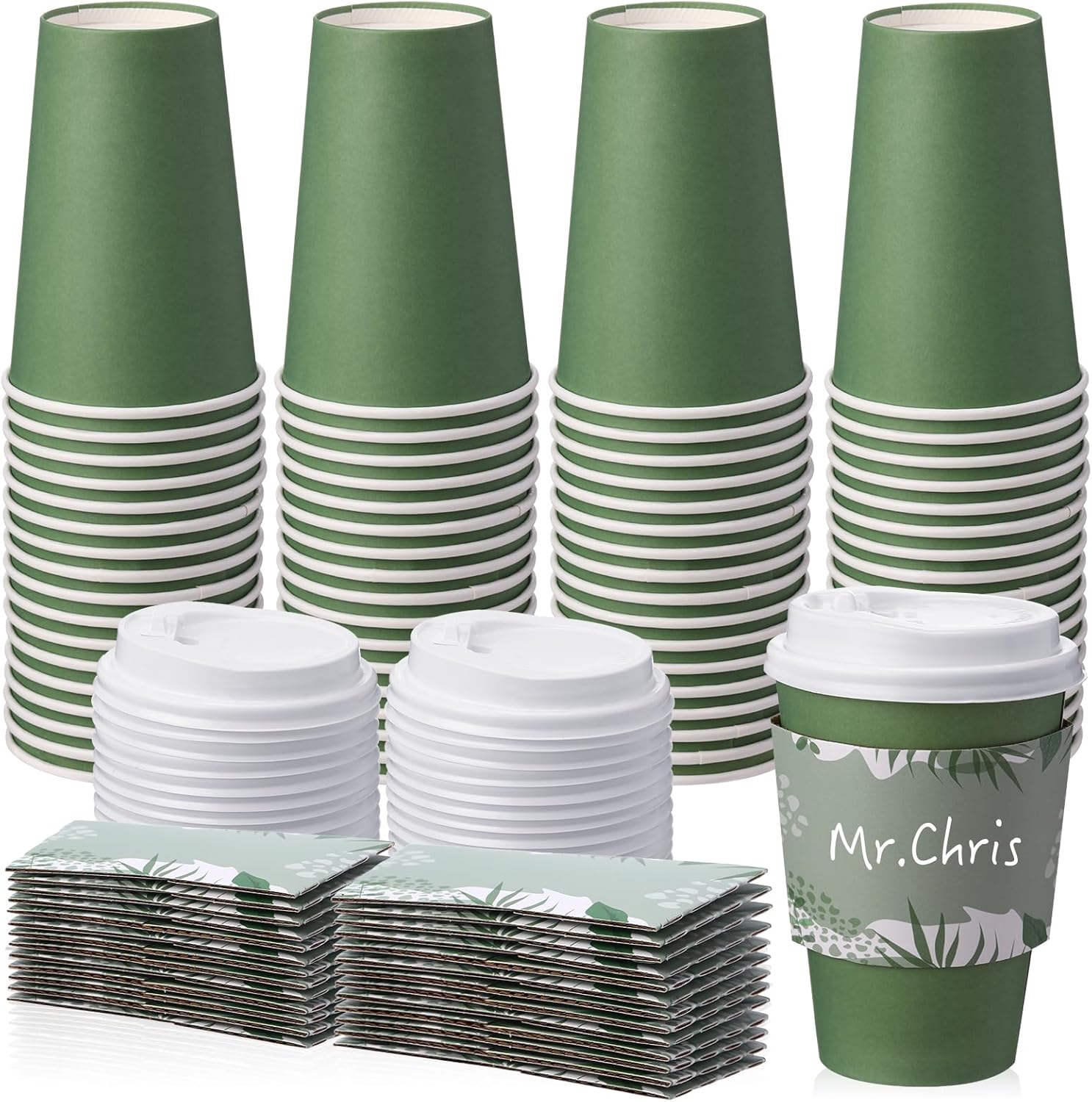 Zopeal 50 Pcs Disposable Coffee Cups Paper Coffee Cup with Lids and Sleeves Hot Cups with Lids Travel Cups with Lids for Beverages Wedding Travel Business Party Supplies (Dark Green,12 oz)