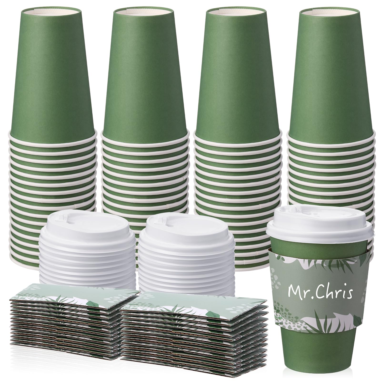 Zopeal 50 Pcs Disposable Coffee Cups Paper Coffee Cup with Lids and Sleeves Hot Cups with Lids Travel Cups with Lids for Beverages Wedding Travel Business Party Supplies (Dark Green,12 oz)