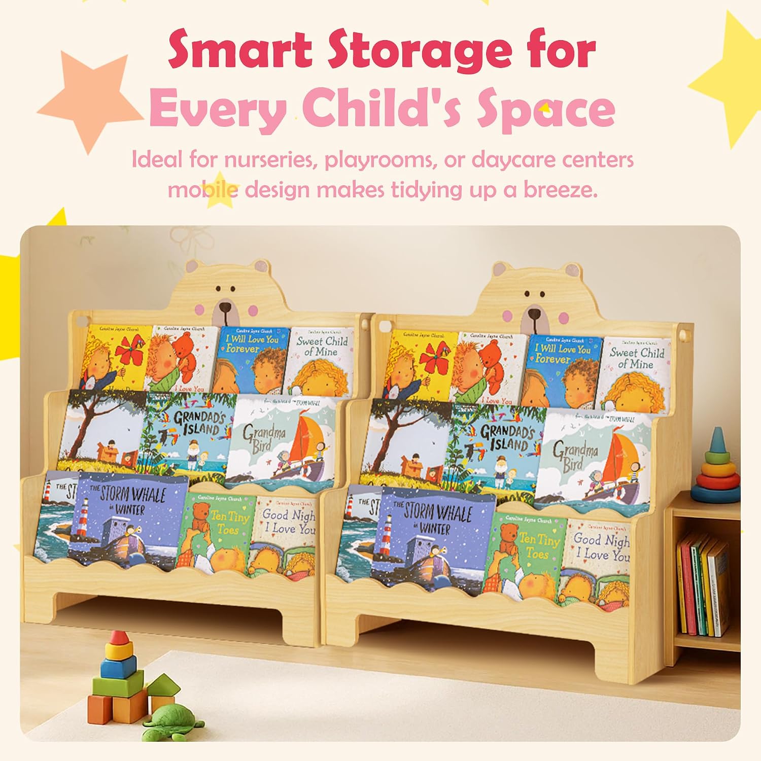 Wooden Montessori Kids Bookshelf, Scalloped Book Shelf for Kids Rooms, Bear Toddler Bookcase with Handles for Classroom, Playroom, Nursery