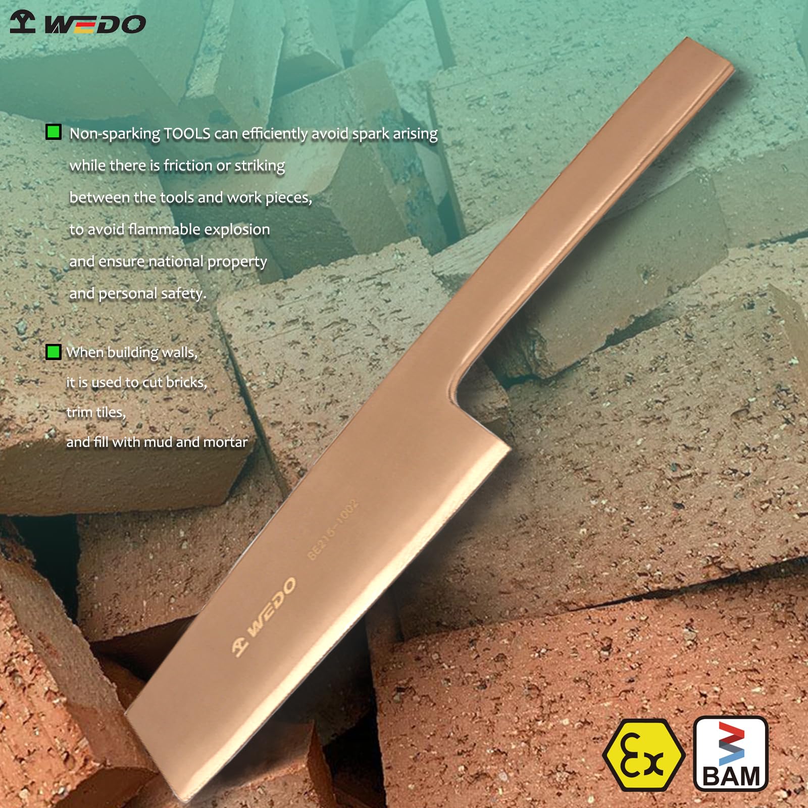 WEDO Raspador de suelo sin chispas, herramienta de escalado de azulejos, hoja 55 x 180 mm, longitud 350 mm, cobre berilio, no magnético, raspador de pintura sin chispas, certificado BAM/FM, uso para