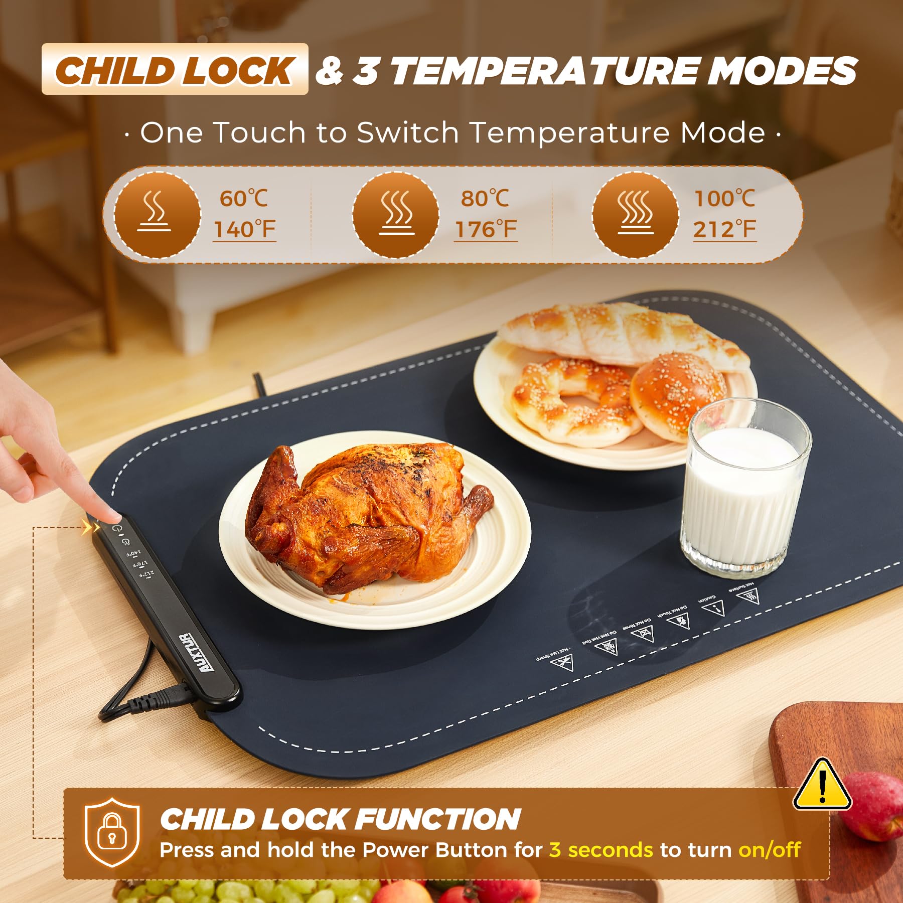 Bandeja de calentamiento eléctrica, alfombrilla de calentamiento plegable con calefacción de superficie completa, 3 temperaturas ajustables, apagado automático y bloqueo infantil, calentador de