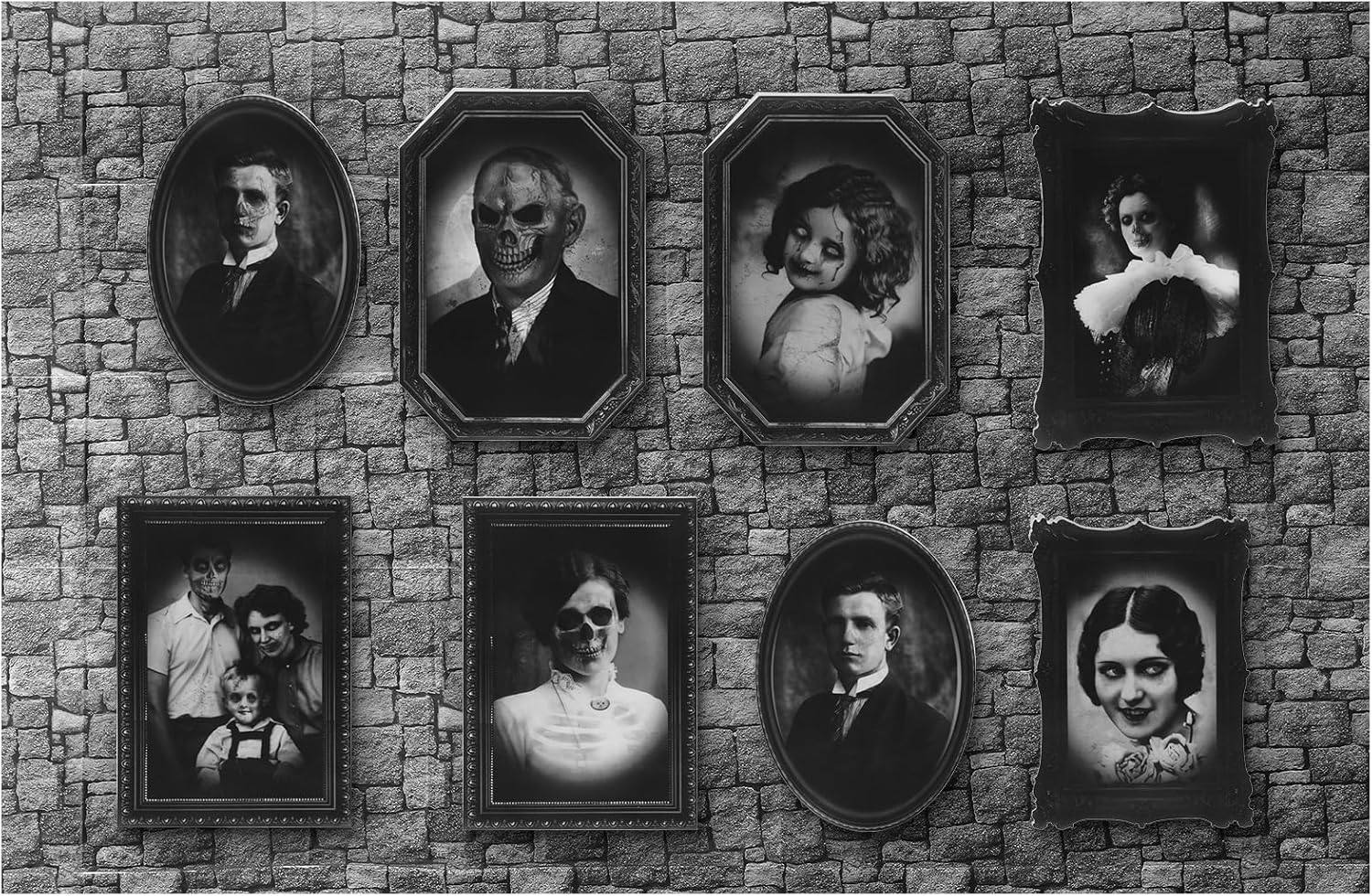 Reallnaive 14 Pcs Halloween Decoration Scary Indoor Wall Decor Set 6 Pcs 4.5 x 9 Ft Brick Wallpaper Backdrop 8 Halloween Moving Picture Frame 3D Horror Portrait Frames For Haunted Mansion Castle Party