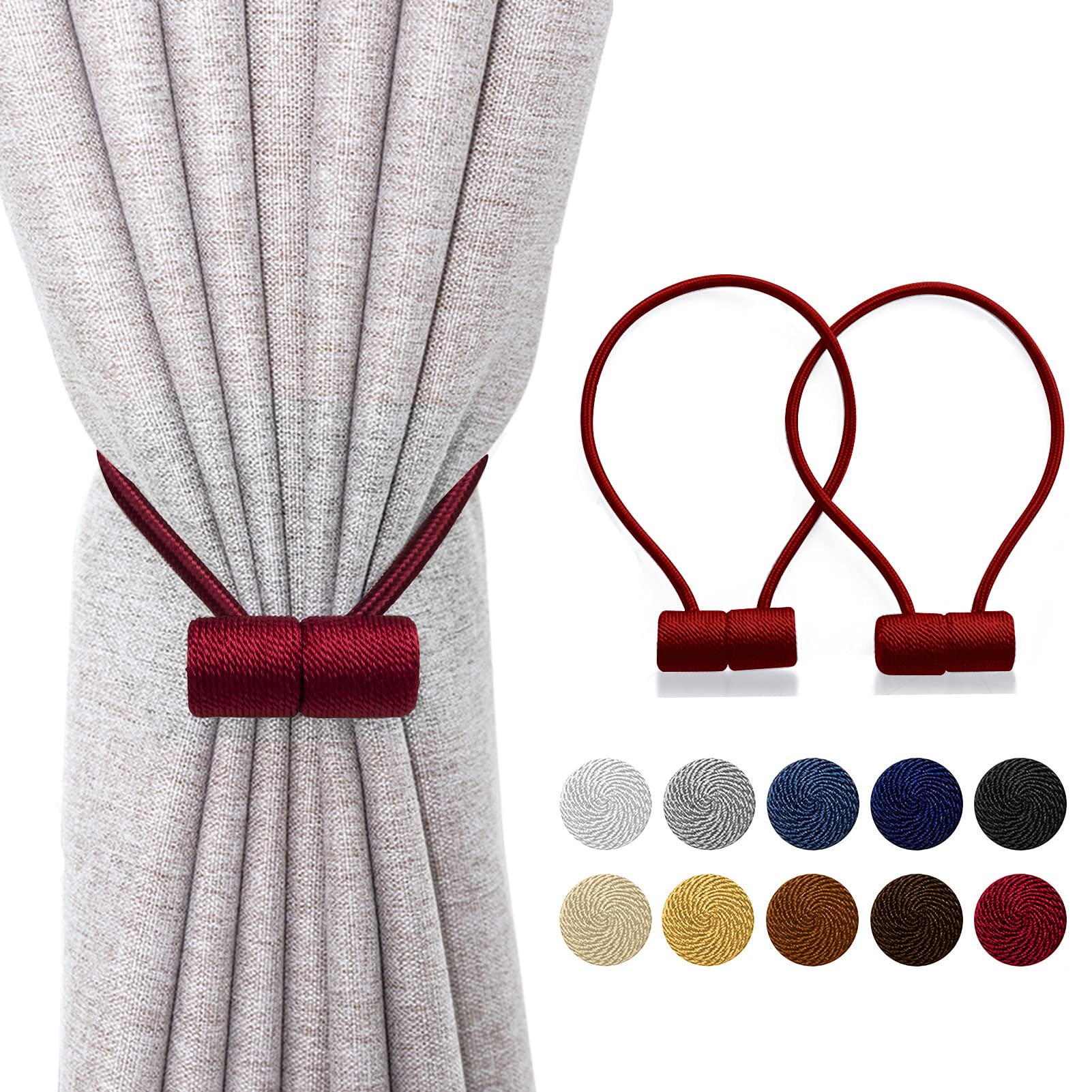 Photo 1 of 2 Pack Magnetic Curtain Tiebacks -Drapery Tie Backs, Modern Strong 16Inch Magnetic Twist Tie Band Decorative Curtain Holdbacks for Window Draperies (Burgundy)