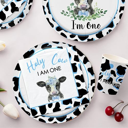 Miniatura 5 de Holy Cow - Decoraciones de cumpleaños con texto en inglés "I'm One", suministros para fiesta de primer cumpleaños con estampado de vaca, platos,