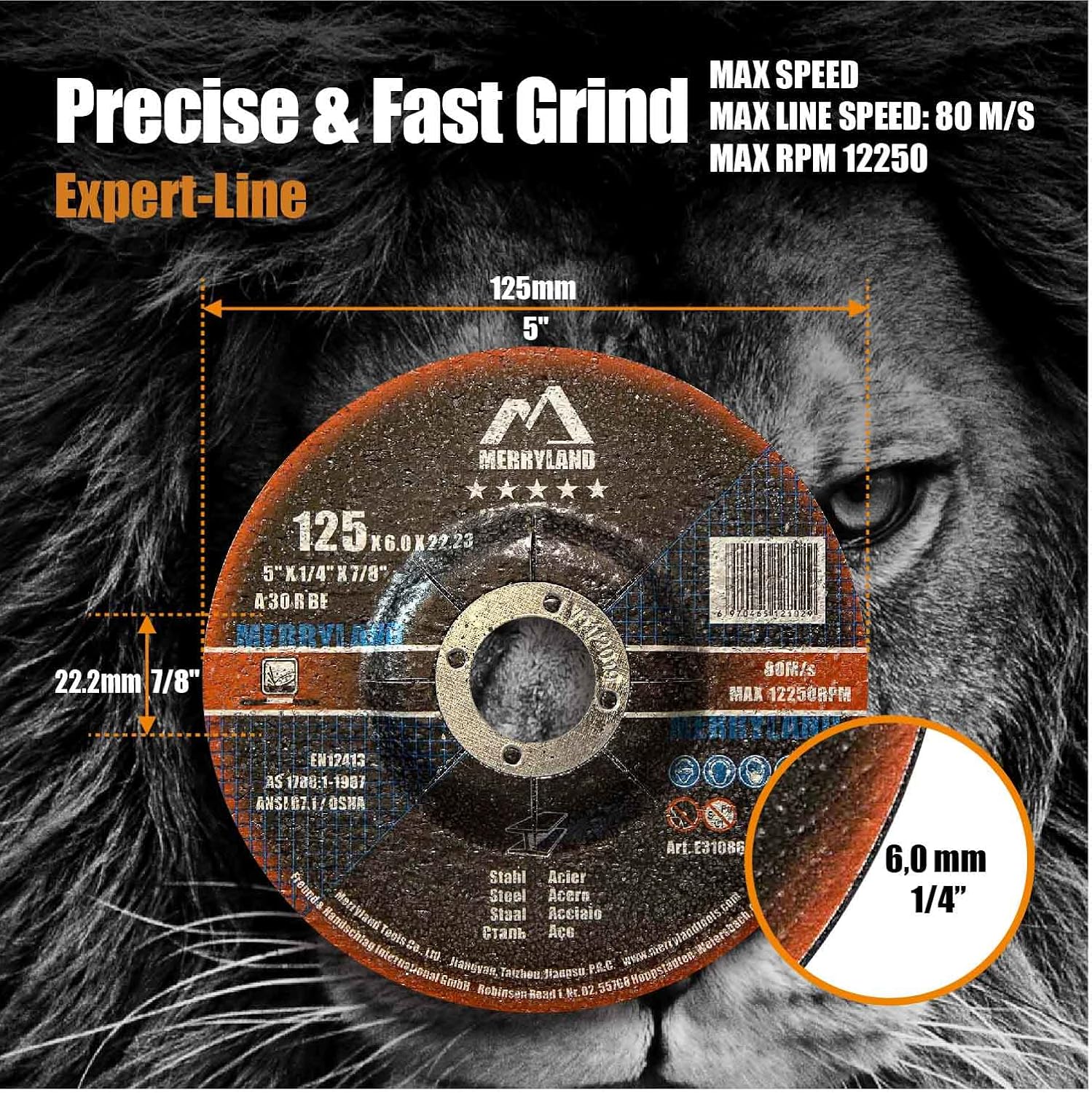 Merryland Grinding Wheel 5 inch for Angle Grinder, Metal 5 X 1/4 X 7/8 Grinding Wheel 10 Pack, for Iron Steel INOX Grind, Expert-Line E31086043