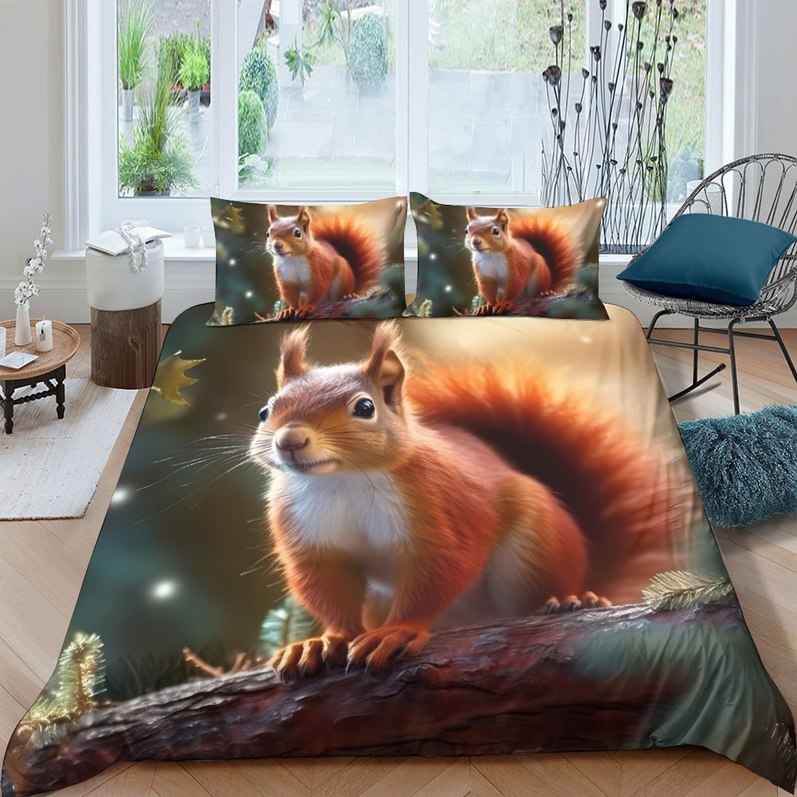 GPLZQXKJNH 3D Printed Squirrel Forest Duvet Cover Microfiber Soft Breathable Woodland Quilt Cover Set with 2 Pillowcases for Bedroom Decor Single（135x200cm）