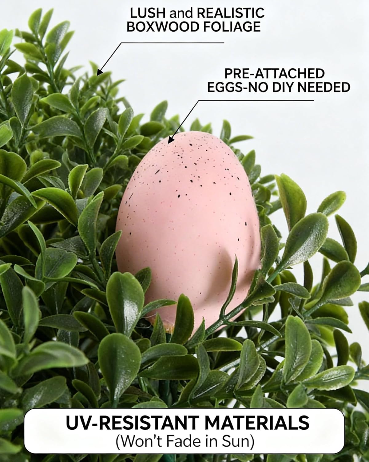 24" Easter Decorations Outdoor Tree, Set of 2 Faux Boxwood Topiary with Easter Eggs, UV Resistant Rainproof Artificial Shrubs for Front Porch Garden Lawn Yard, No Tools Assembly