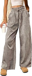 Women Cotton Gingham Striped Ruffle High Waist Pajama Pant Bottom | Wide Leg Lounge Trousers,Boxer Palazzo Pants,Drawstring Sweatpants with Pockets,Casual Fall Outfits