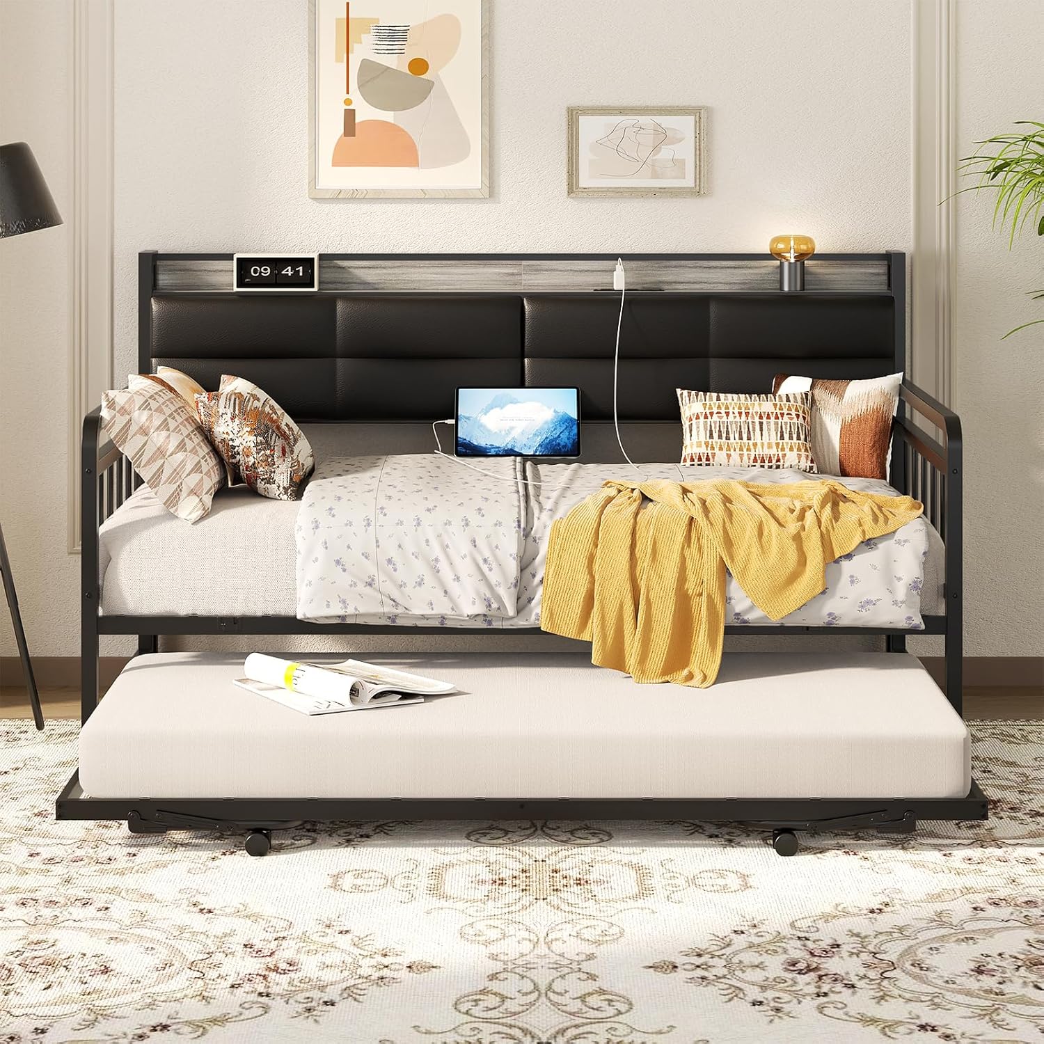 Homieasy Daybed with pop-up trundle extended, showing it can be used as two separate twin beds.
