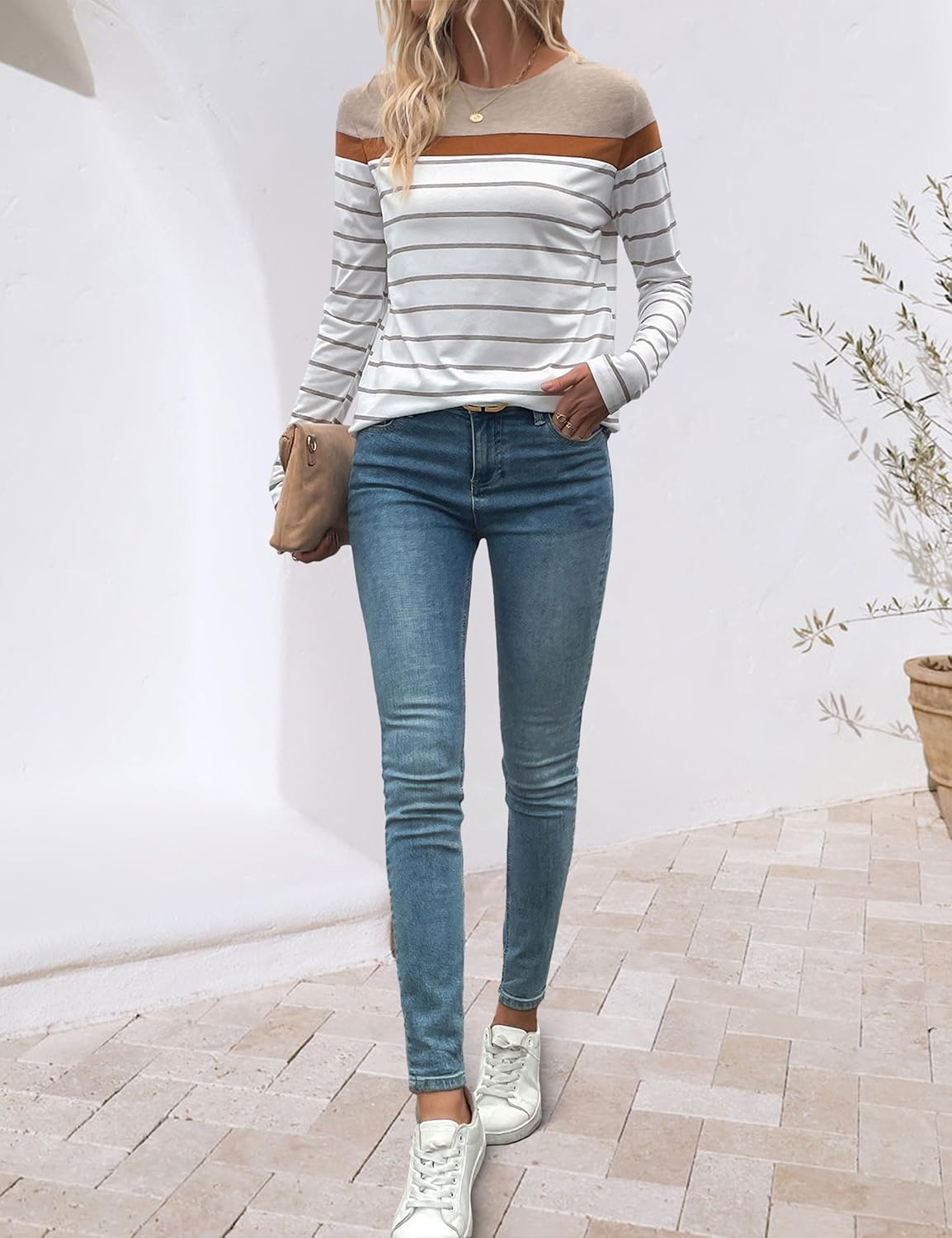Long Sleeve Shirts for Women Crew Neck Casual Striped T Shirt Casual Basic Fall Tops - Image 8