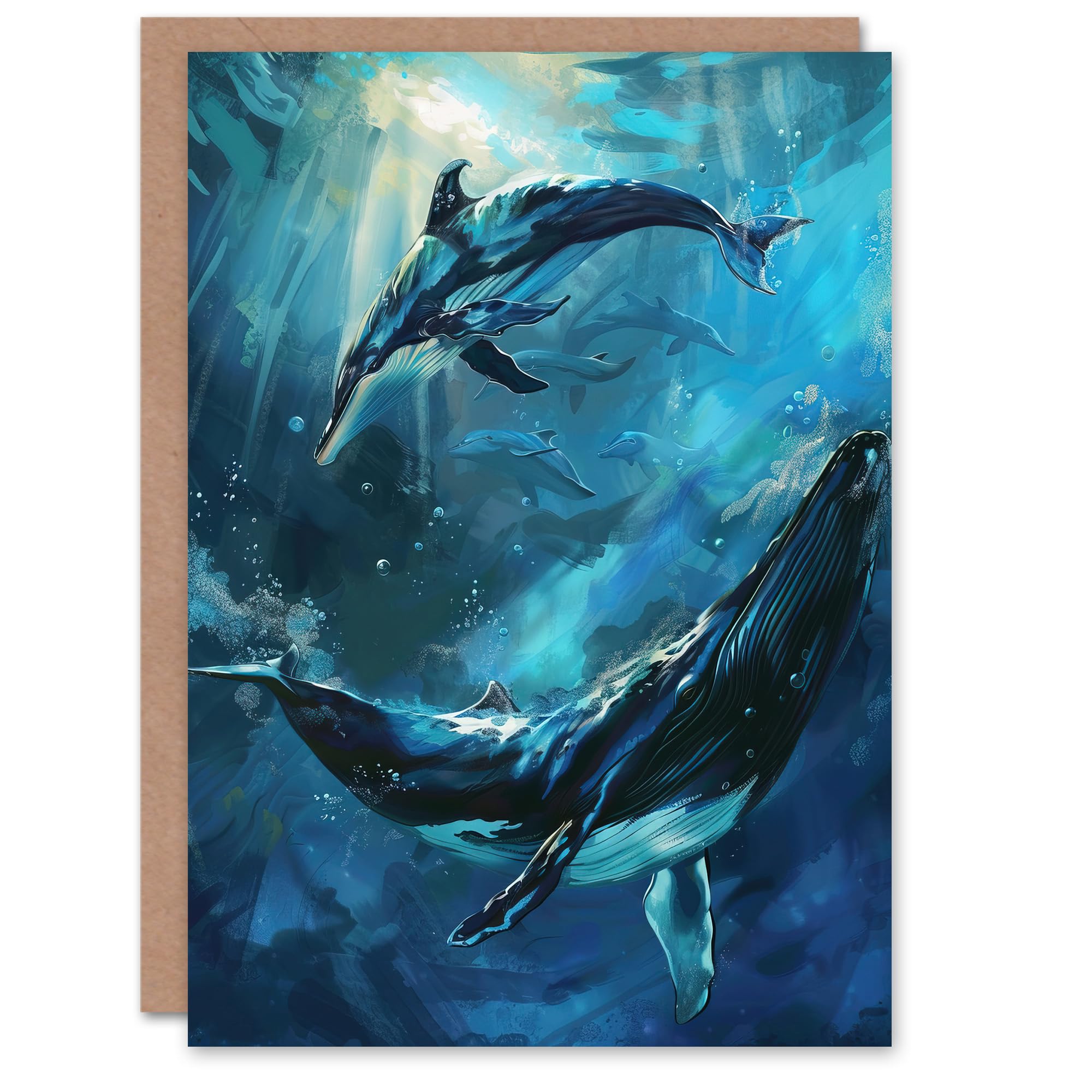 Artery8 Greeting Card Dolphin Whale Underwater Dance Sea Life Painting Blank For Him Or Her Art Birthday Card
