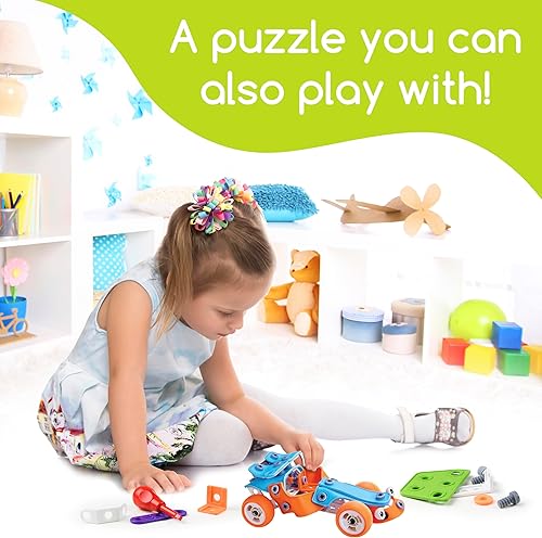 Miniatura 7 de Play Brainy Juego de erector para niños, 132 piezas de juguete de rompecabezas de vehículos 3D, incluye helicóptero, avión, tractor, automóvil y