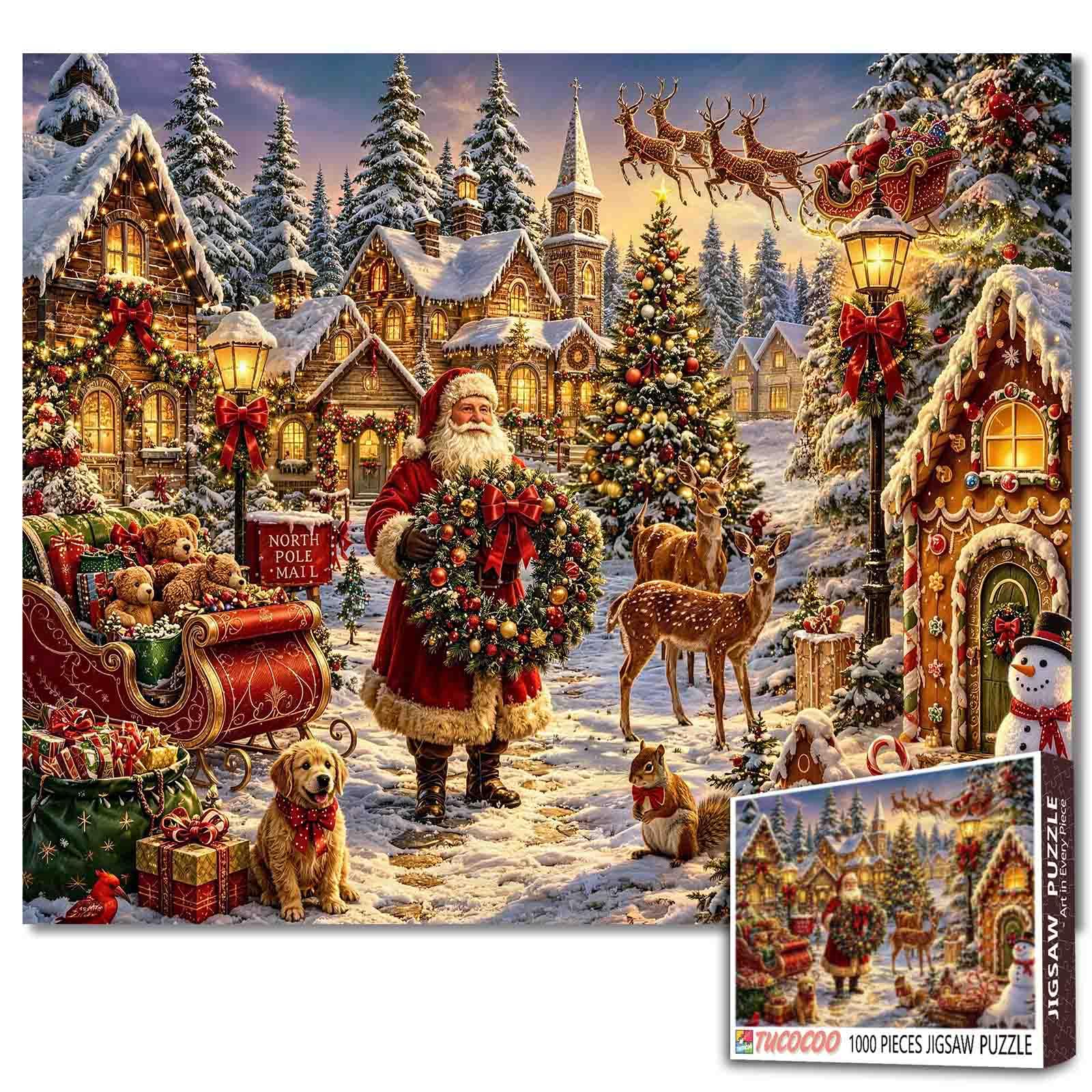 Santa Claus Christmas Village Jigsaw Puzzles for Adults 1000 Pieces Golden Retrievers and Deer Cute Animals Family Games Home Wall Decor Gifts 19.7 x 27.6 Inch โ image 1