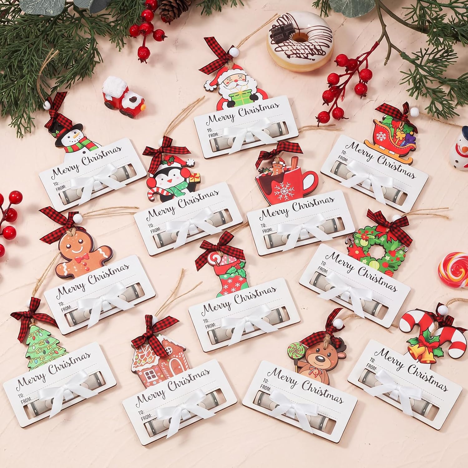 12pcs Wooden Christmas Money Holder for Cash Gift Money Holder Ornaments Cute Reindeer Snowman Beads Hanging Ornament Funny 2026 Gift Christmas Tree Holiday Party Decor (Cute Style) image 3