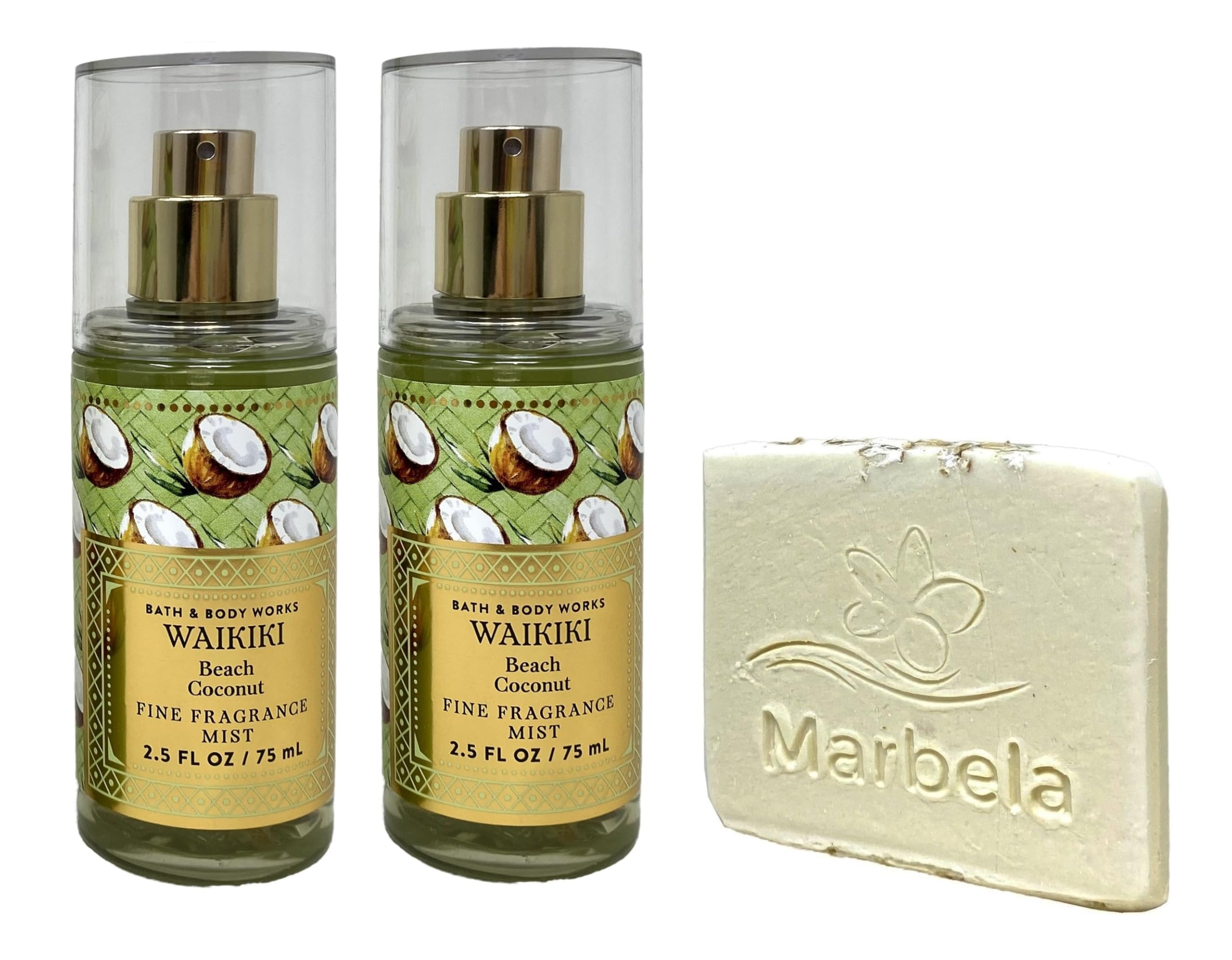 Bath & Body Works Waikiki Beach Coconut Mini Fine Fragrance Mist 2 Pack with a Natural Oats Sample Soap Travel Size.