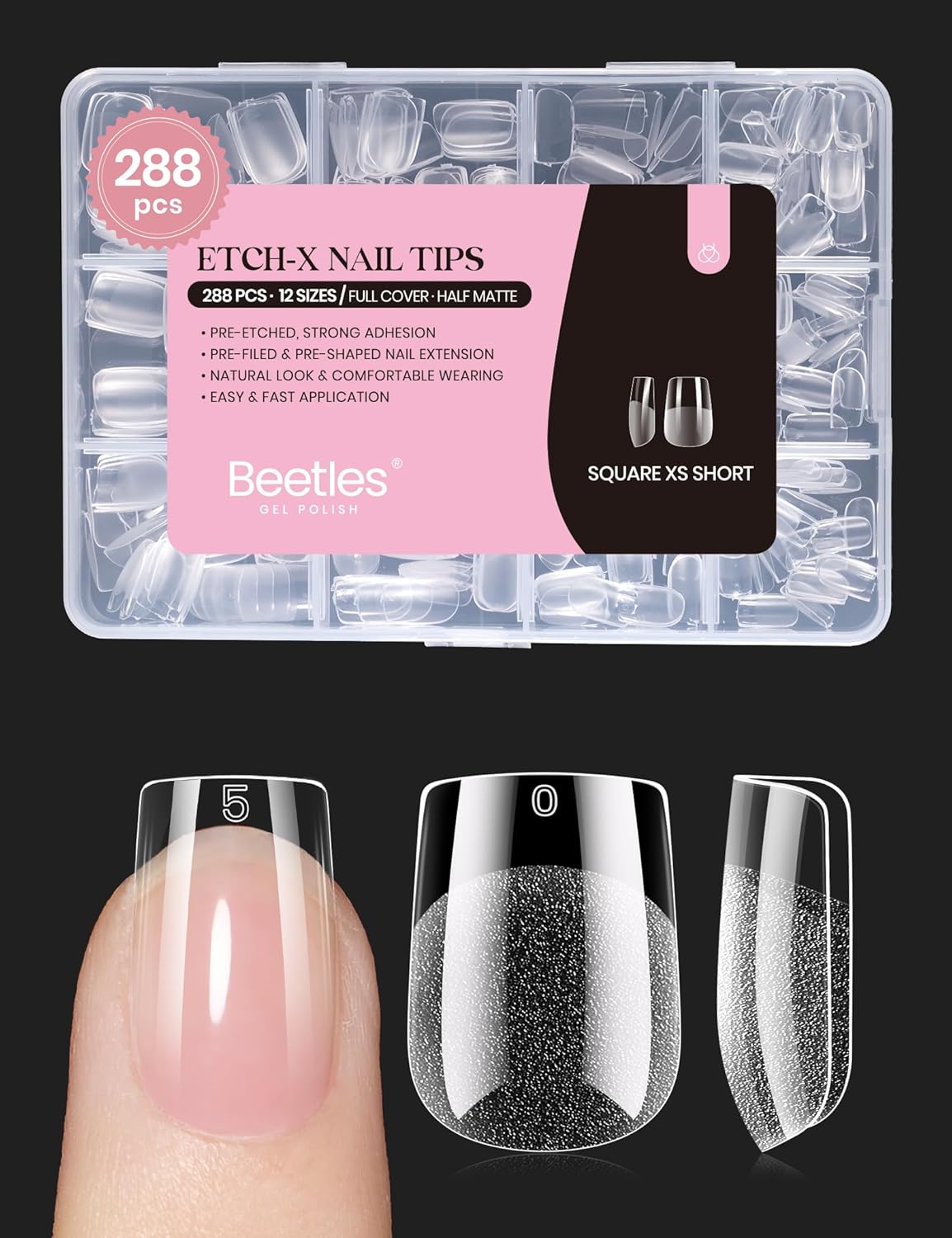 Beetles Gel Nail Kit Etch-X, Coffin Medium, 288pcs 12 Sizes Nail Tips, 3Pcs 15ml HEMA-Free Nail Glue Top Coat & Base Gel Set, with Mini Lamp, Press On Nail, Long Lasting Extension DIY Set at Home