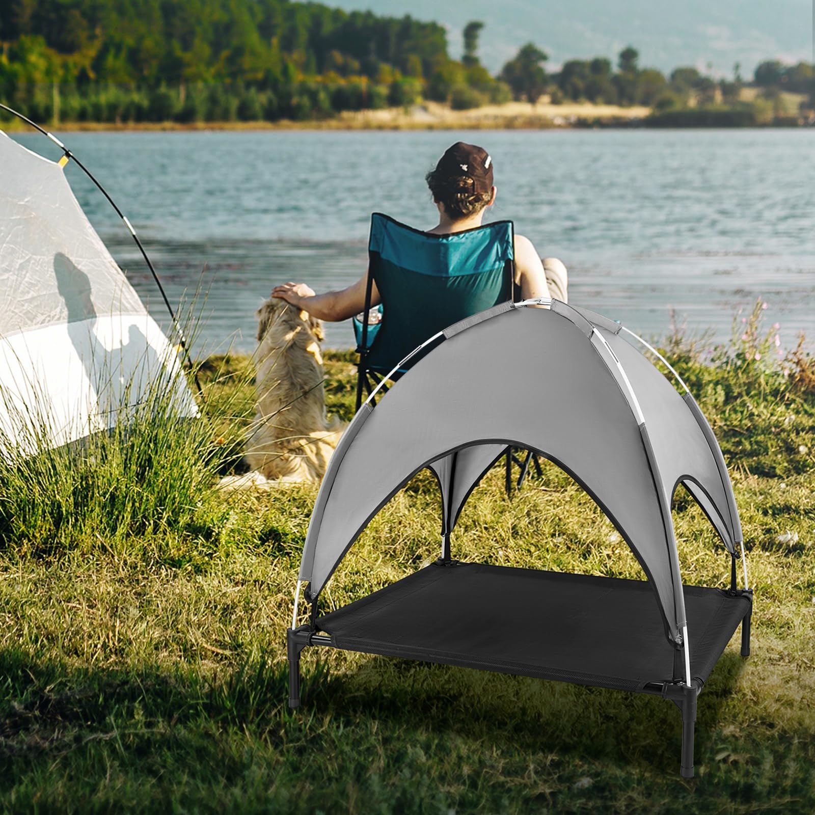 Lit Chien Surélevé avec Parasol, Lit de Camp Chien Chat sur Pieds Tissu Oxford Respirant, Anti-UV Cadre en Métal, Couchage Extérieur pour Chat, 92 x 76 x 94 cm, Gris
