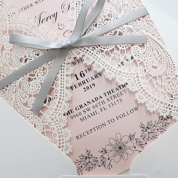 25-Pack Shimmer Blush Pink Wedding Invitation with Silver Ribbon Bow and Envelopes, 5x7 Wedding Invite Cards, Wedding Gifts for The Couple by Picky Bride