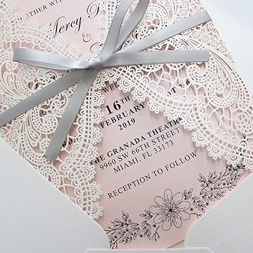 25-Pack Shimmer Blush Pink Wedding Invitation with Silver Ribbon Bow and Envelopes, 5x7 Wedding Invite Cards, Wedding Gifts for The Couple by Picky Bride