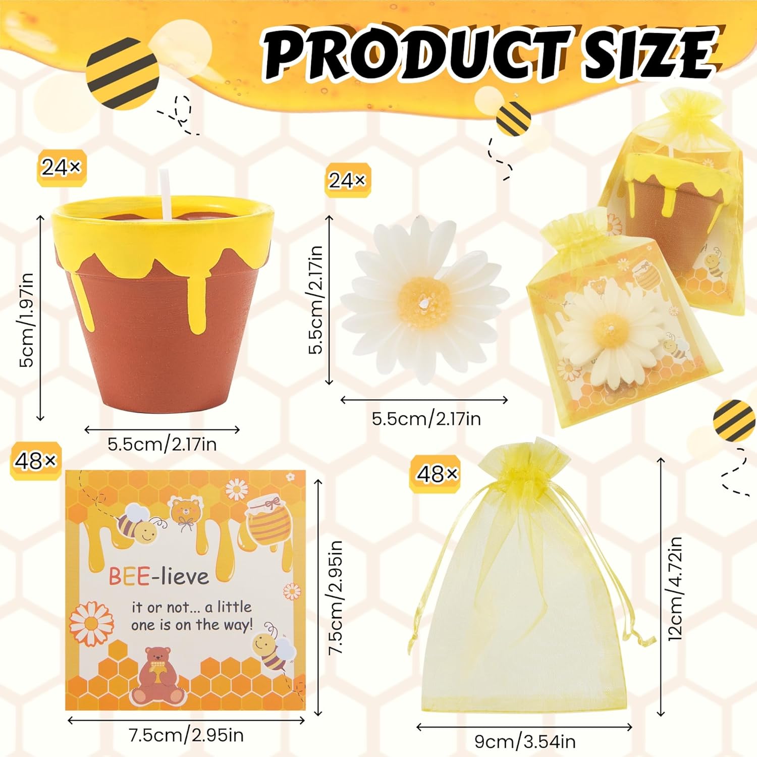 48 Sets Bee Themed Candle Set for Shower Party Favors Cute Honey Jar Candle with Thank You Tags Organza Bags Daisy Candles Shower Gifts for Guest Gender Reveal Party Decoration Gifts