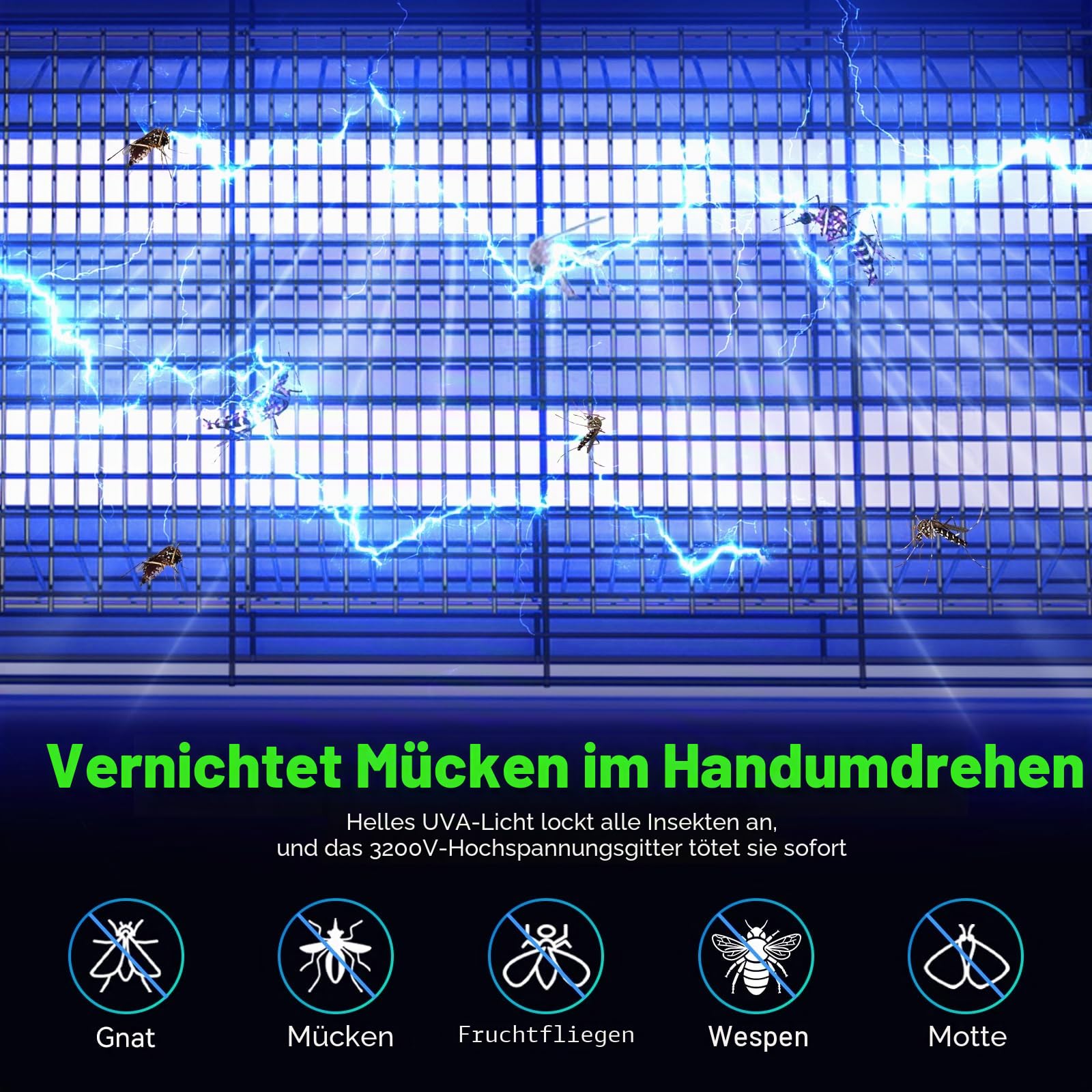 Elektrischer Insektenvernichter - 2800V UV Mückenfalle & Fliegenfalle Motten für Innenbereich, leiser Hochspannungs-Zapper gegen für Innen, Wohnzimmer & Büro