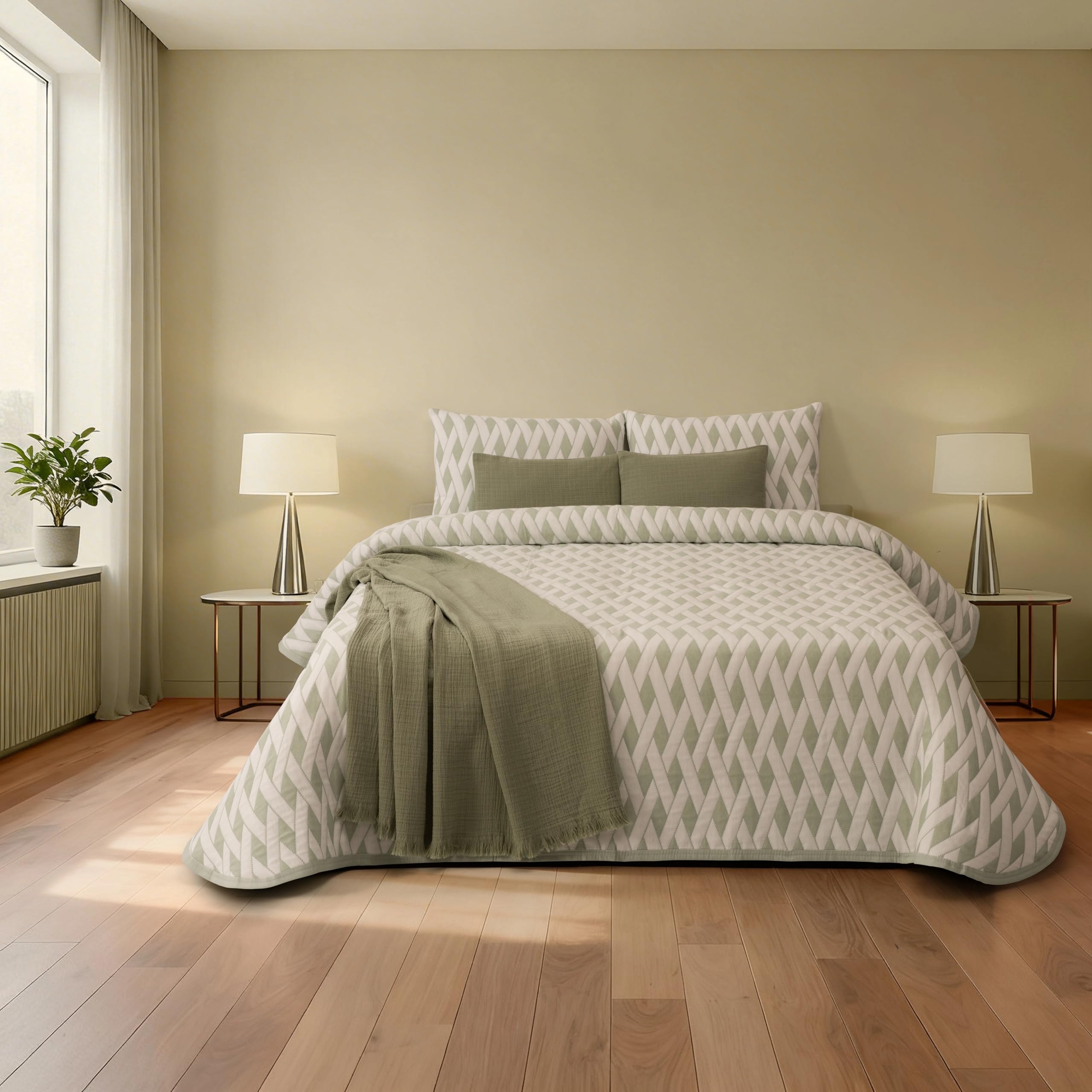 Colcha de Verano Verde con Estampado Geométrico – Cláudia - 50% Algodón, 50% Poliéster - Cama 180 cm (Colcha 260 x 260 cm) - Geométrico- Fabricado Portugal