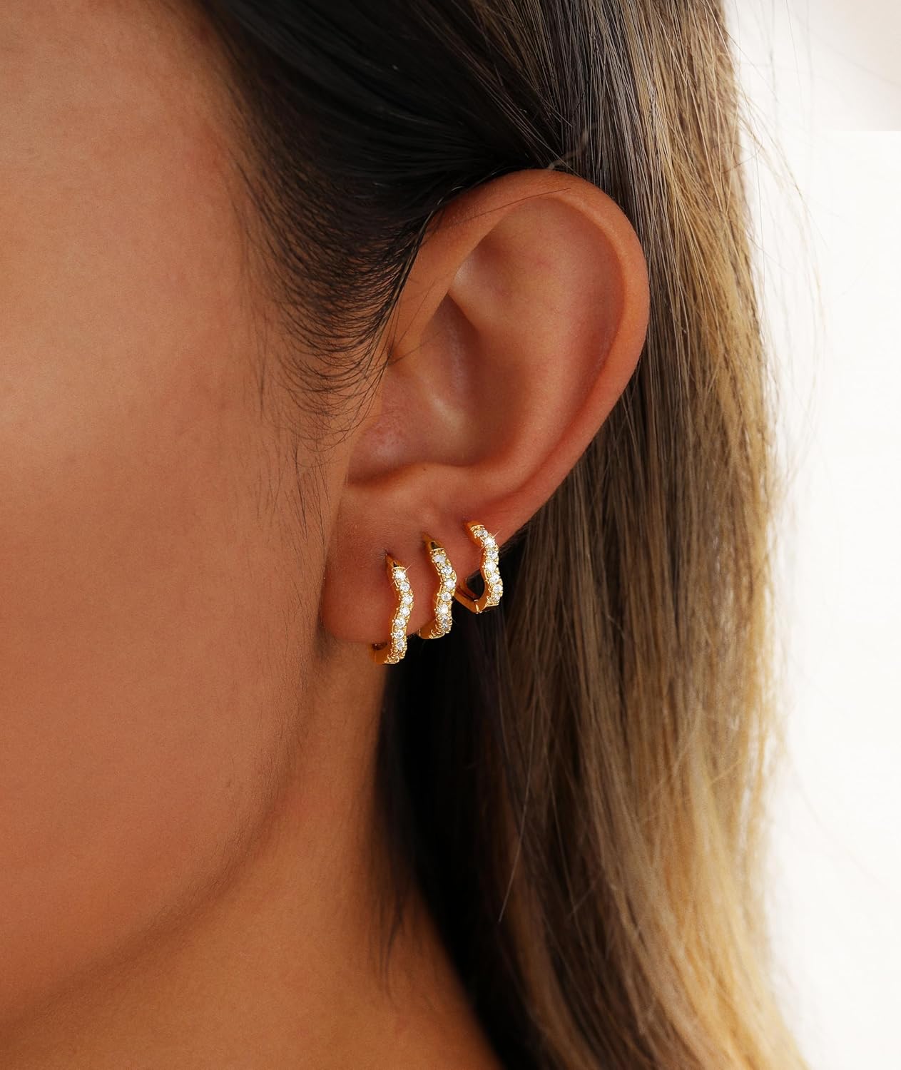 CAROVO 3 Pairs Gold/Silver Hoop Earrings for Women Trendy Dainty 14K Gold Plated Cubic Zirconia Stud Earrings Huggie Hoop Earrings Stack for Multiple Piercing Jewelry - Image 3