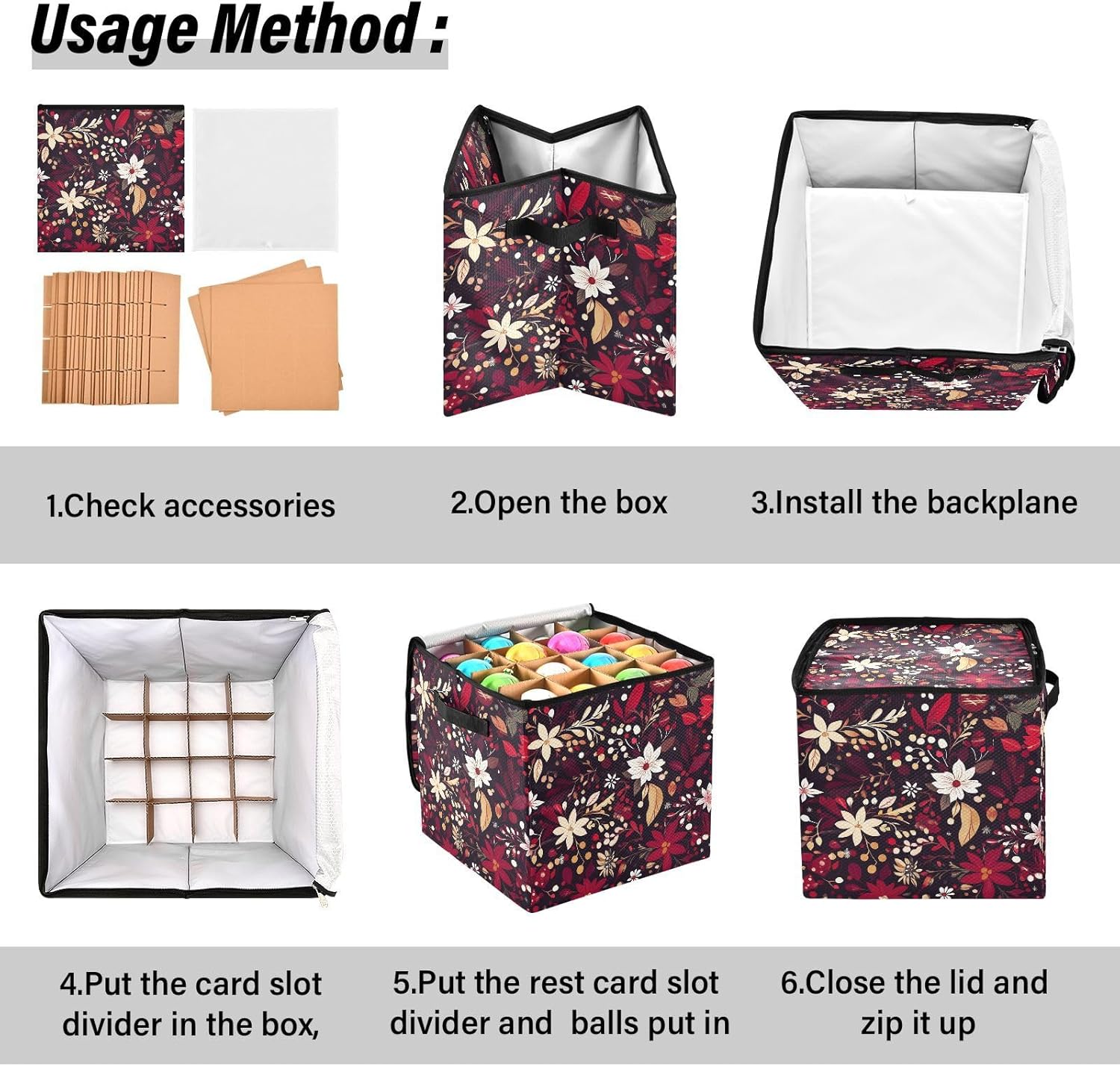 High Capacity Christmas Ornament Storage Box Holds Up to 64, Two Handles sturdy Holiday Storage Case with Lid,Christmas Floral Pattern Burgundy