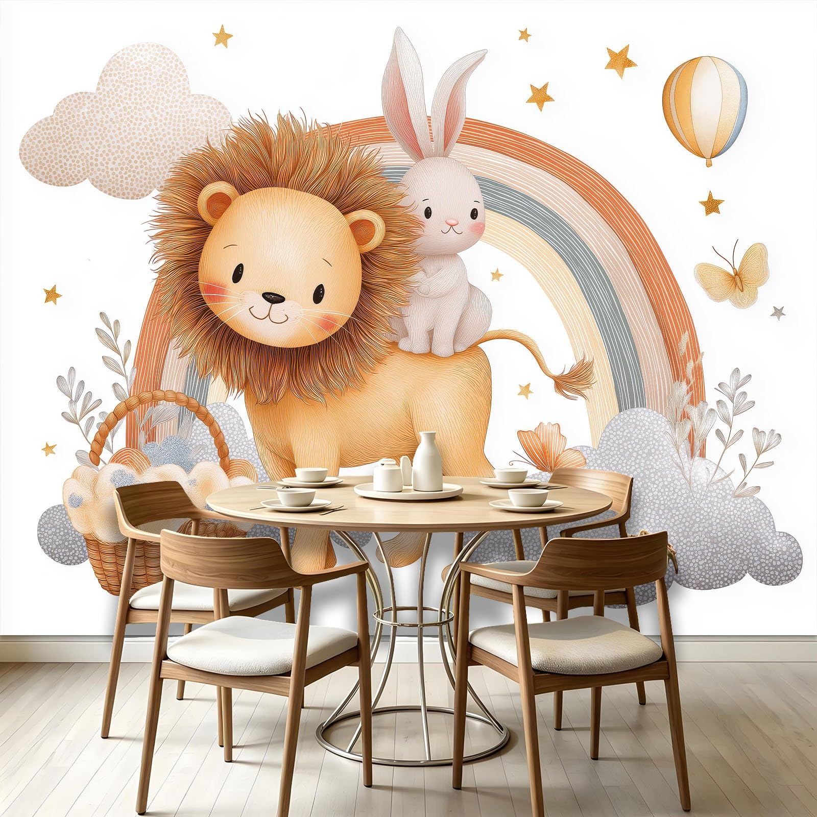 Panoramiczna tapeta Cartoon Rainbow 300 x 210 cm (dł. x wys.), dekoracja ścienna do pokoju dziecięcego salon kuchnia - gobelin unikalny i nowoczesny design - zwierzę lew królik