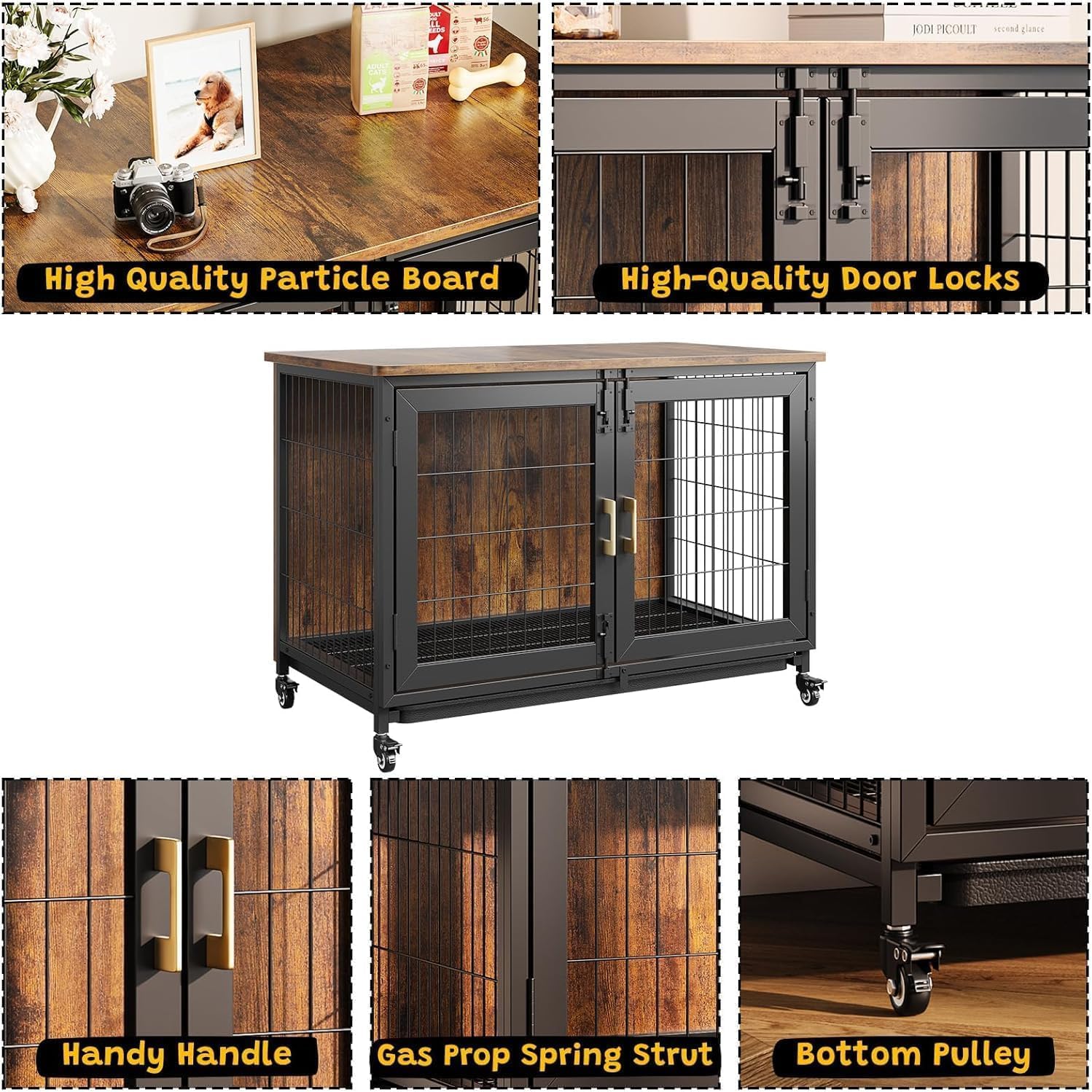 Cage pour chien de grande taille 95 cm - Caisses en bois XL - Cage d'intérieur avec roues verrouillables - Meuble robuste pour animaux de compagnie de petite à moyenne taille - 95 x 65 x 60 cm