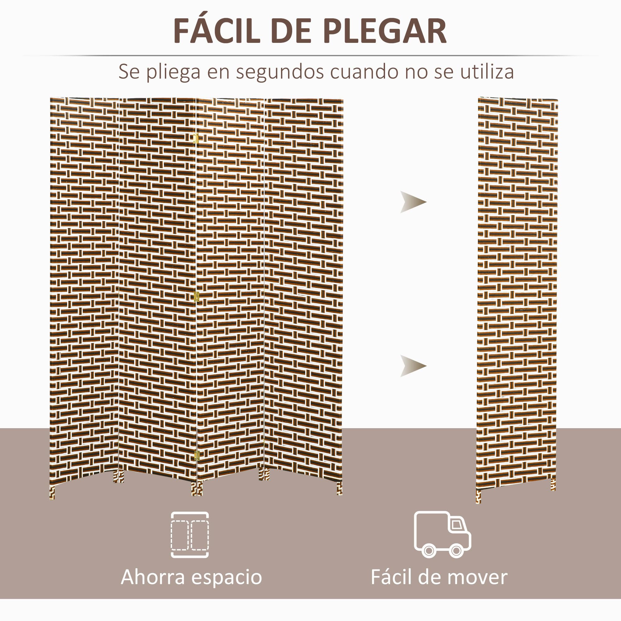 HOMCOM Divisor de Habitación de 4 Paneles Biombo Plegable 180x180 cm Separador de Ambientes Decoración Elegante para Dormitorio Salón Cocina Marrón Blanco