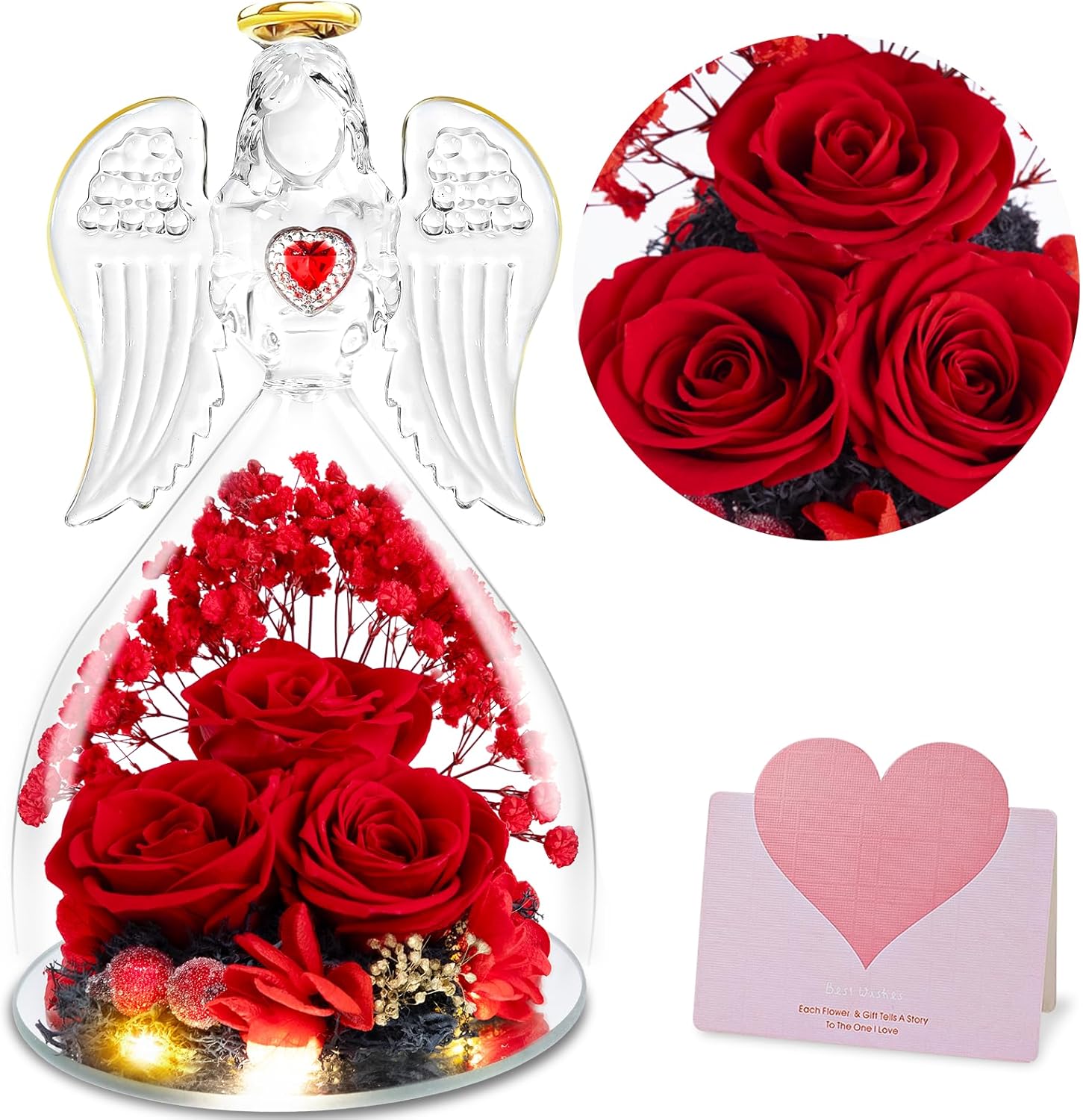 Gifts for Mom Birthday, Glass Angel with Real Rose Inside, Preserved Rose Angel Gifts for Women, for Mom from Daughter Son, Red Forever Flowers Gift for Grandma Wife Girlfriend