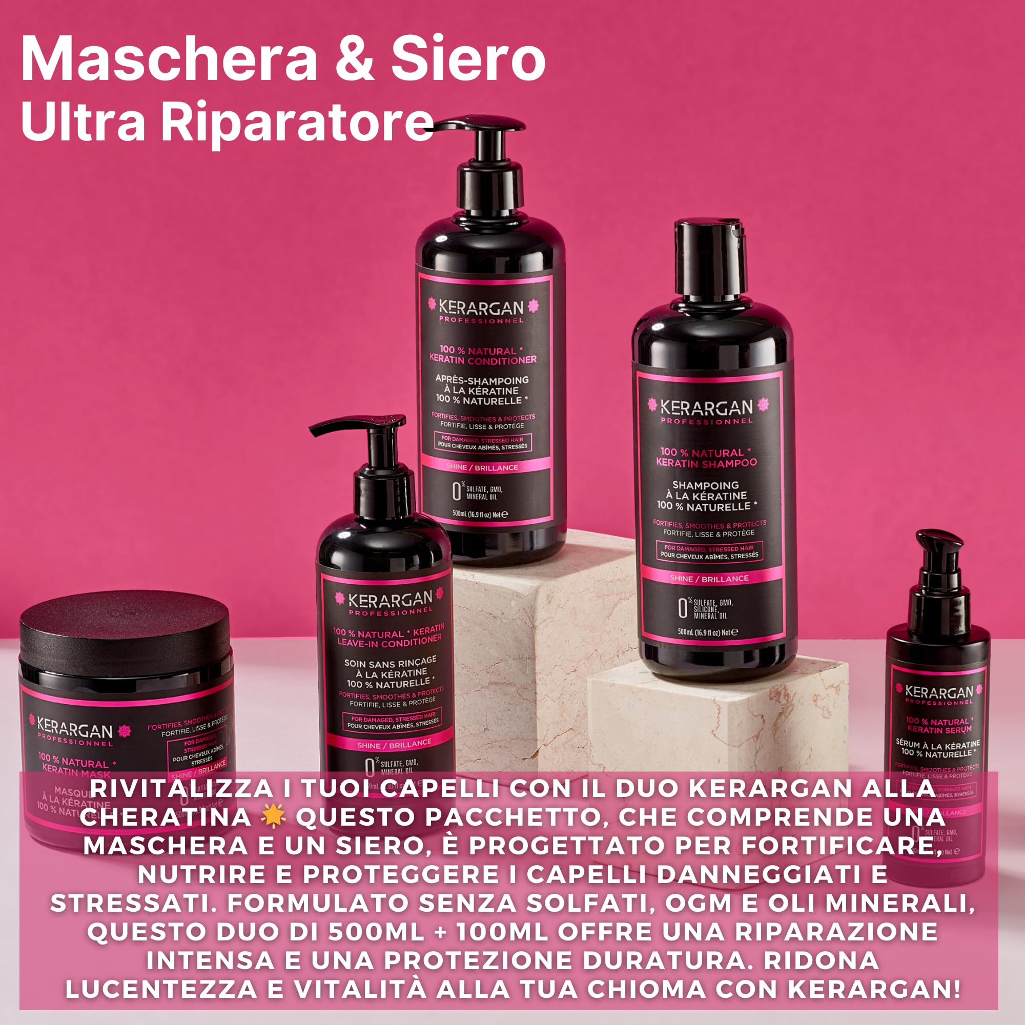 KERARGAN - Duo Cheratina: Maschera e Siero Ristrutturante - 500ml+100ml | Maschera e siero alla cheratina per ristrutturare le lunghezze, controllare il crespo e proteggere le punte